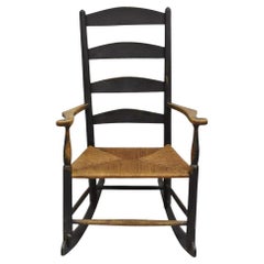 Antique American Rustic Shaker Ebonized Wood Rush Seat Rocker Rocking Chair