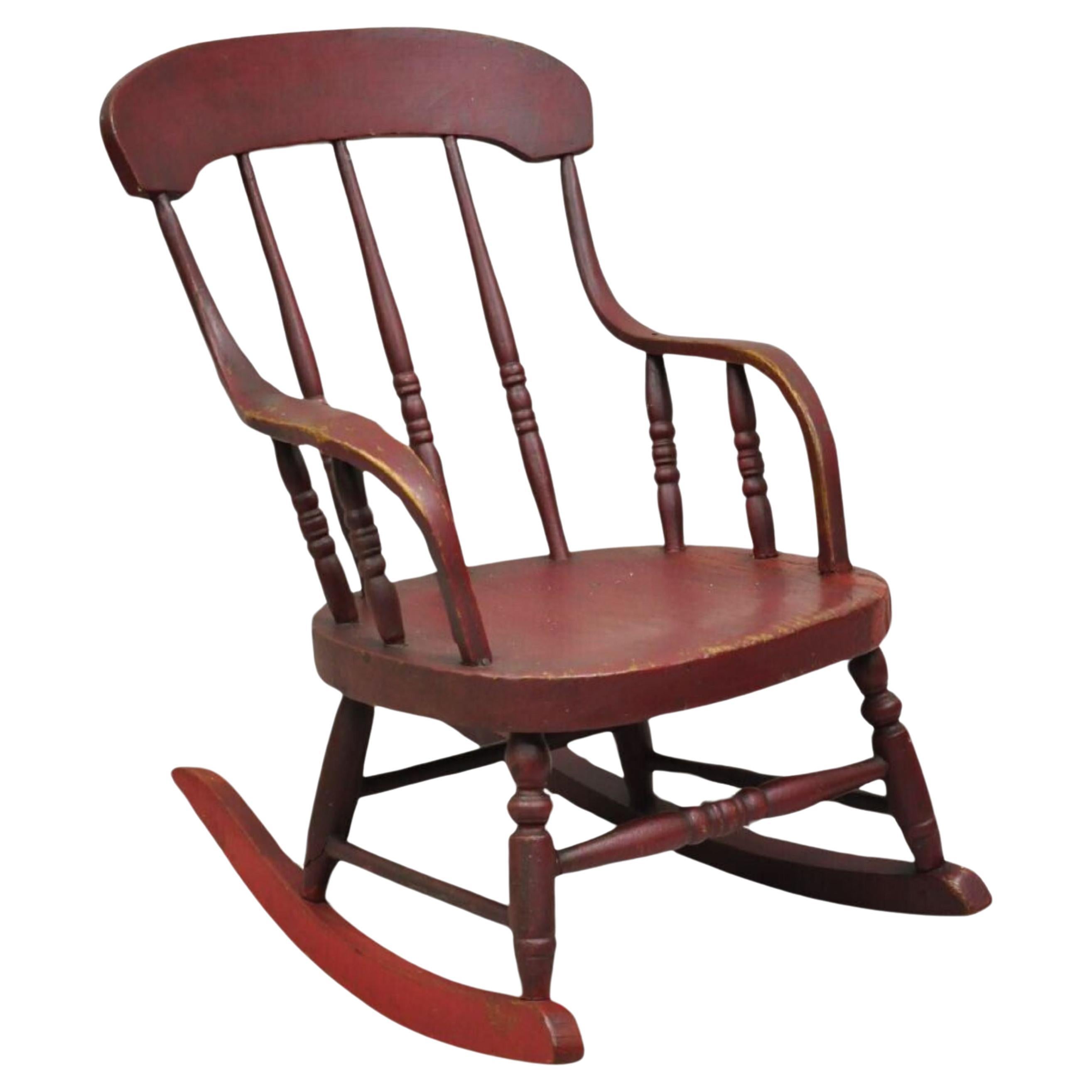 Antique American Primitive Spindle Back Small Child's Rocker Rocking Chair For Sale