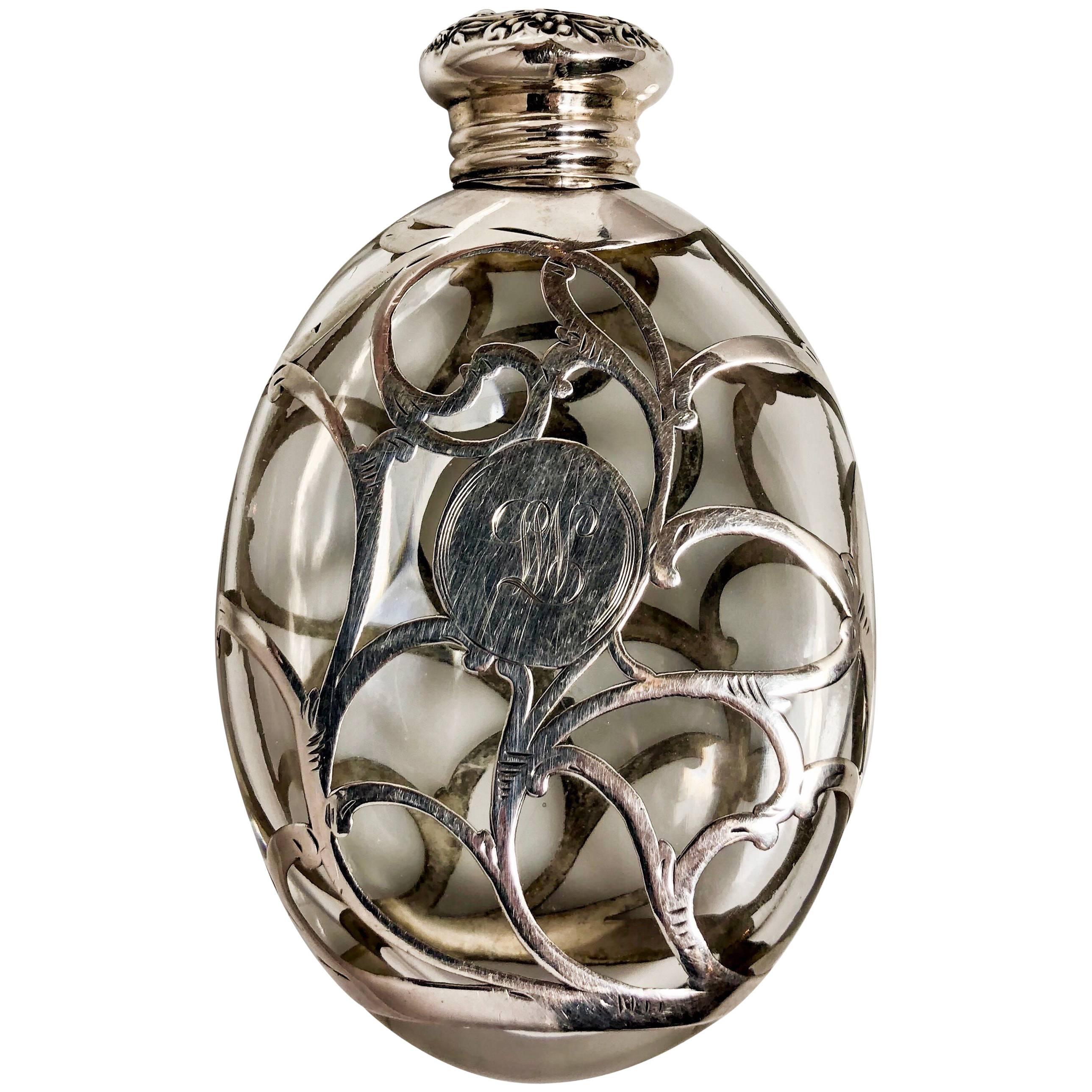 Antique American Pumpkin Seed Flask with Coin Silver Overlay, circa 1900