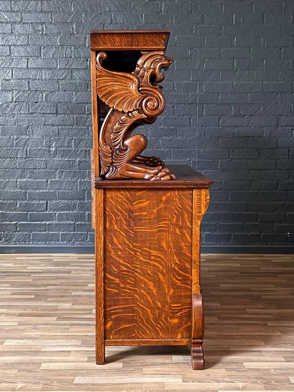 Early 20th Century Antique American Quarter-Sawn Oak Sideboard w/ Winged Griffin Carvings For Sale