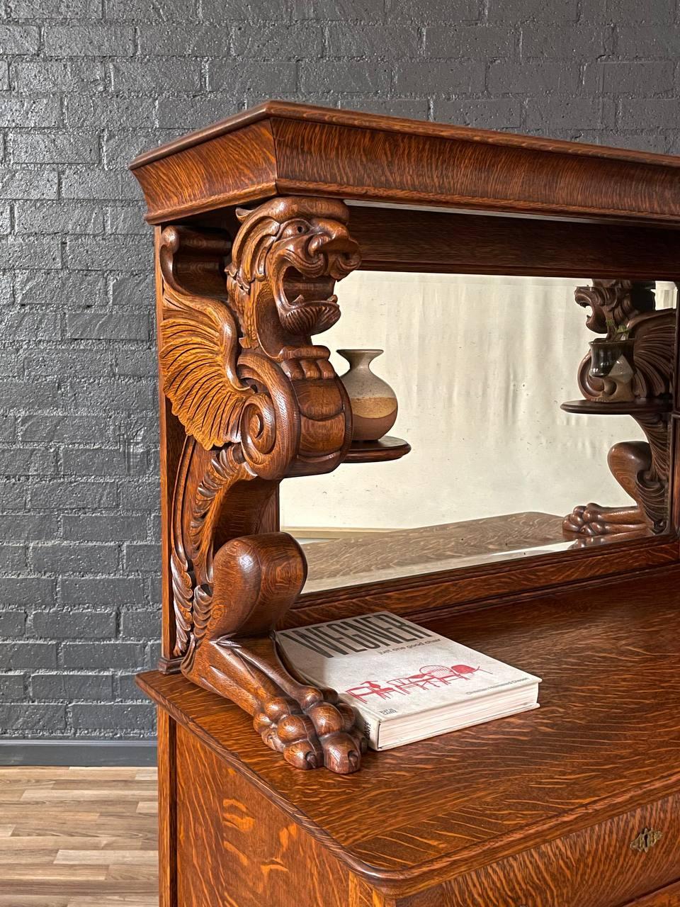 Mirror Antique American Quarter-Sawn Oak Sideboard w/ Winged Griffin Carvings For Sale
