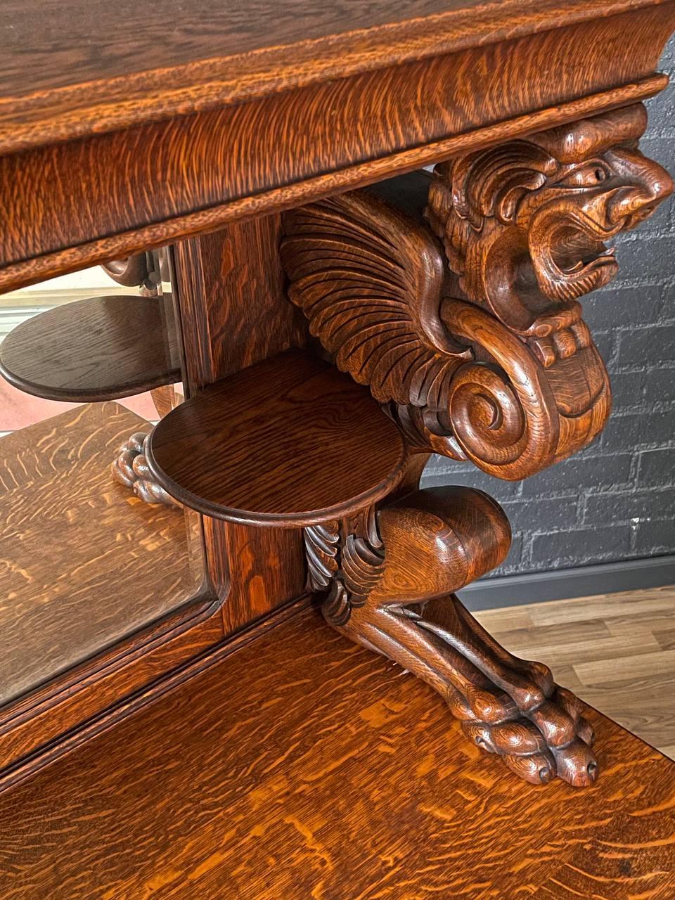 Antique American Quarter-Sawn Oak Sideboard w/ Winged Griffin Carvings For Sale 1