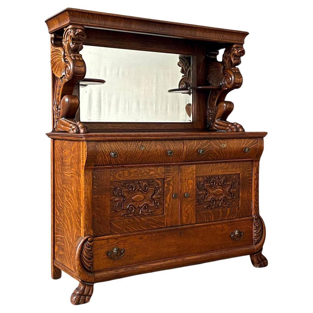 Antique American Quarter-Sawn Oak Sideboard w/ Winged Griffin Carvings For Sale