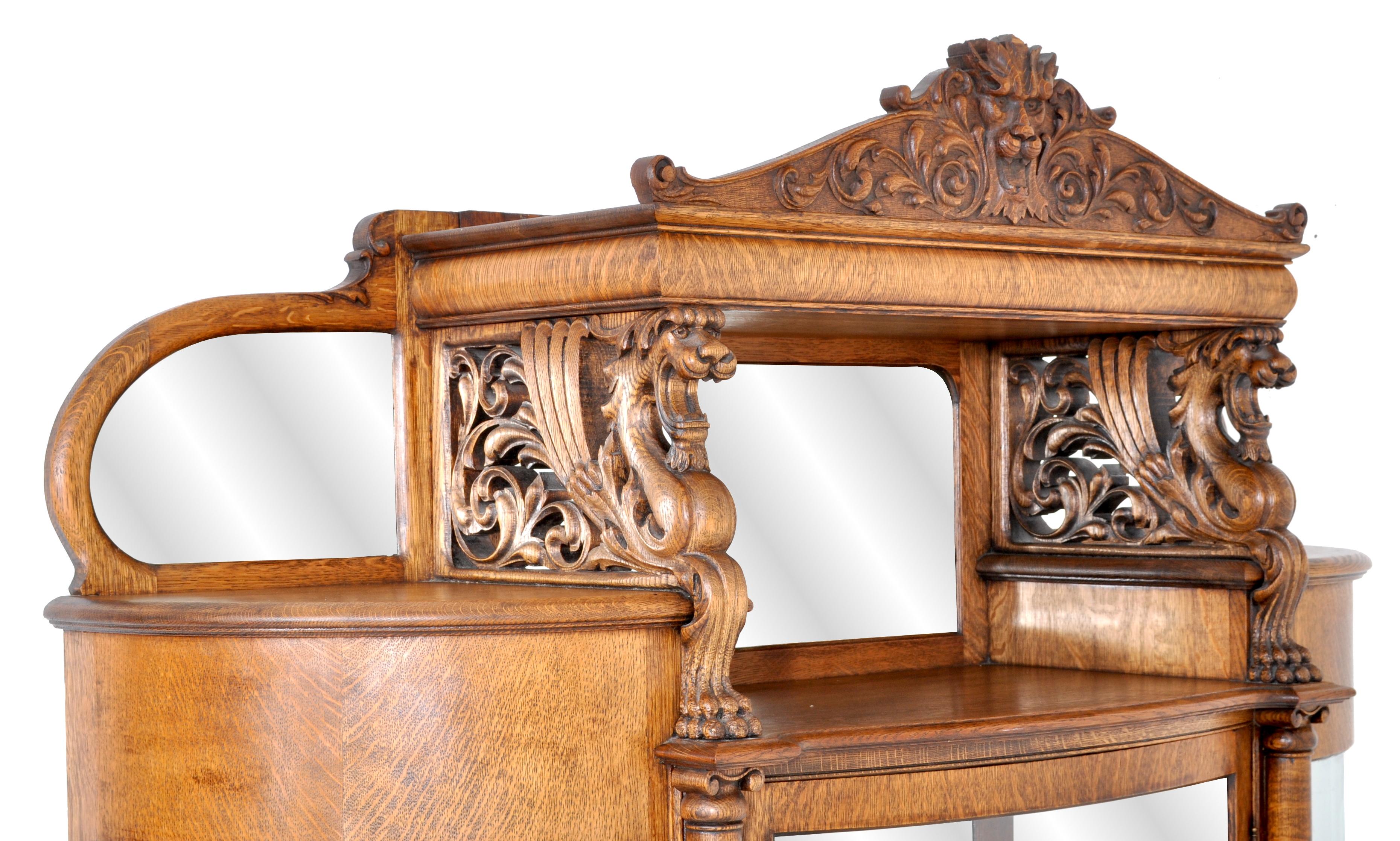19th Century Antique American R J Horner Carved Oak Winged Griffin China Hutch Cabinet, 1890