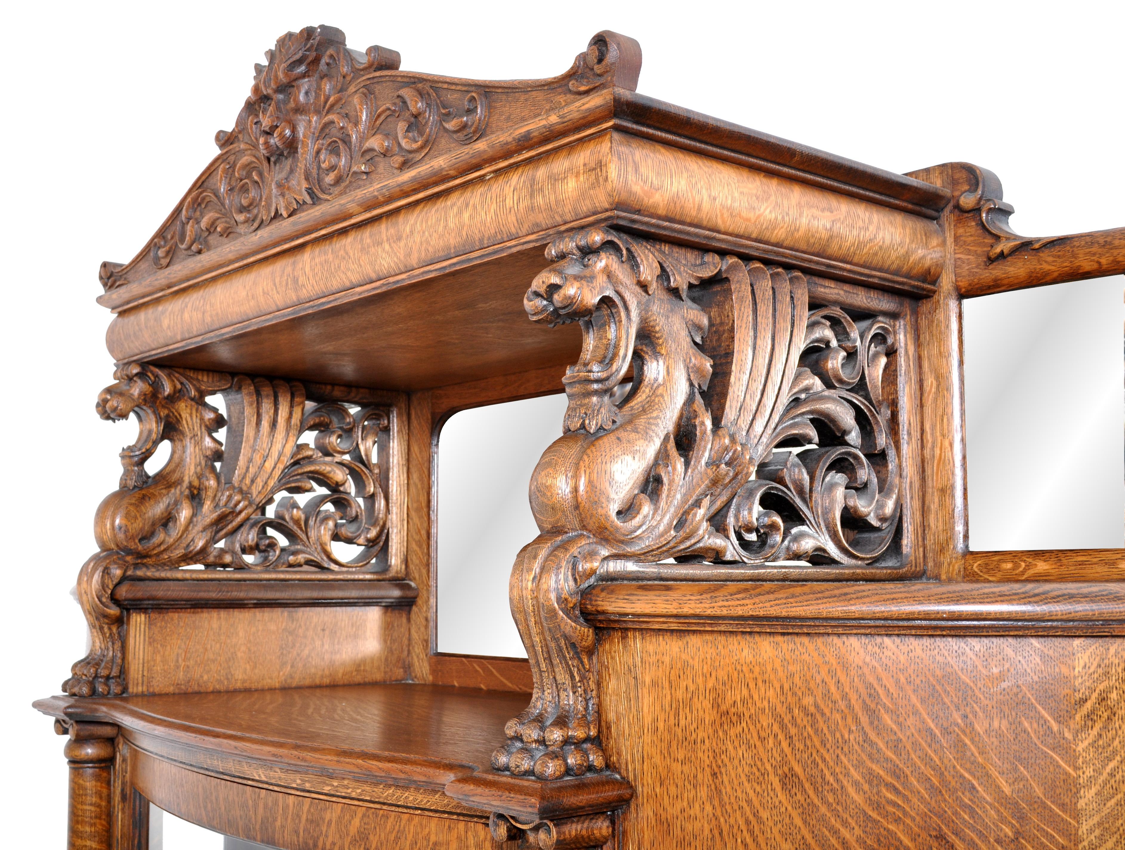 Antique American R J Horner Carved Oak Winged Griffin China Hutch Cabinet, 1890 1