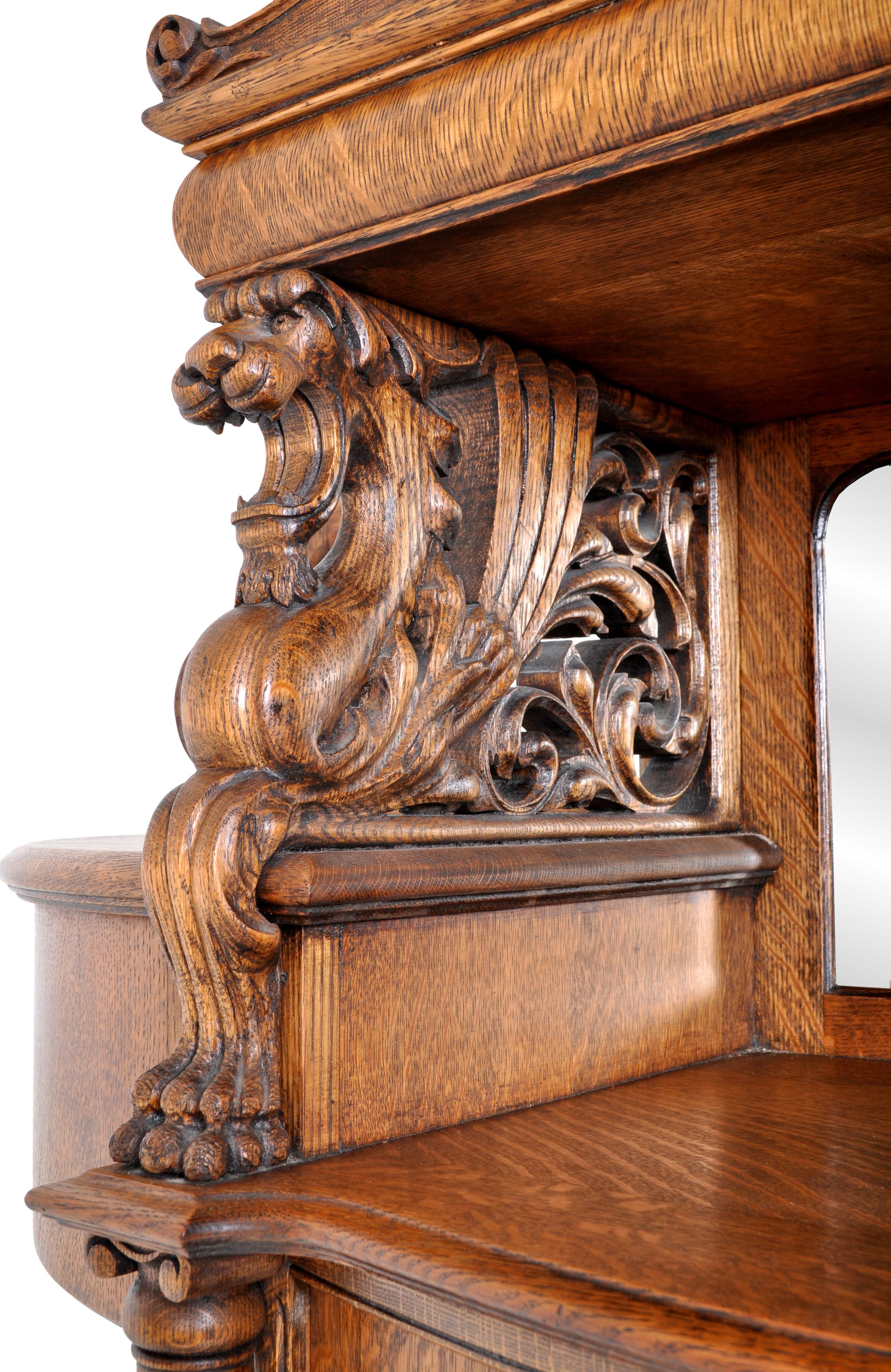 Antique American R J Horner Carved Oak Winged Griffin China Hutch Cabinet, 1890 2