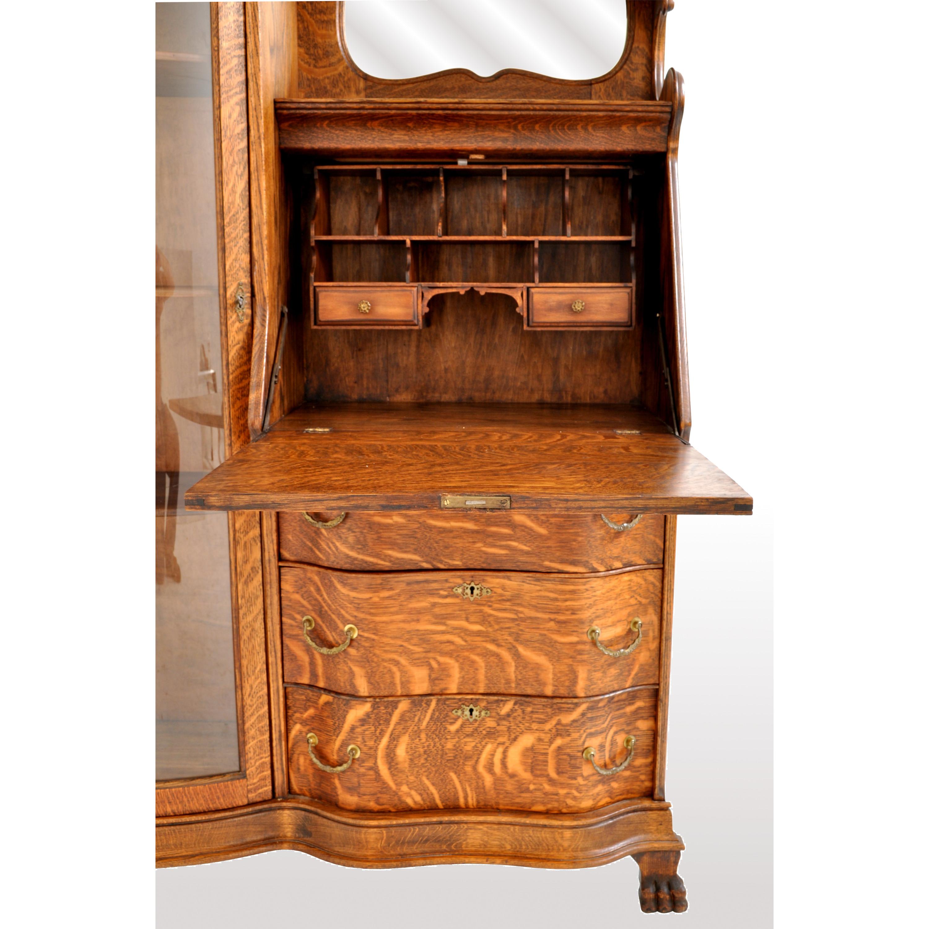 Antique American R J Horner Quarter Sawn Oak Carved Griffin Desk China Hutch 4