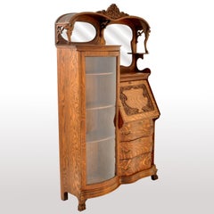 Antique American R J Horner Quarter Sawn Oak Carved Griffin Desk China Hutch