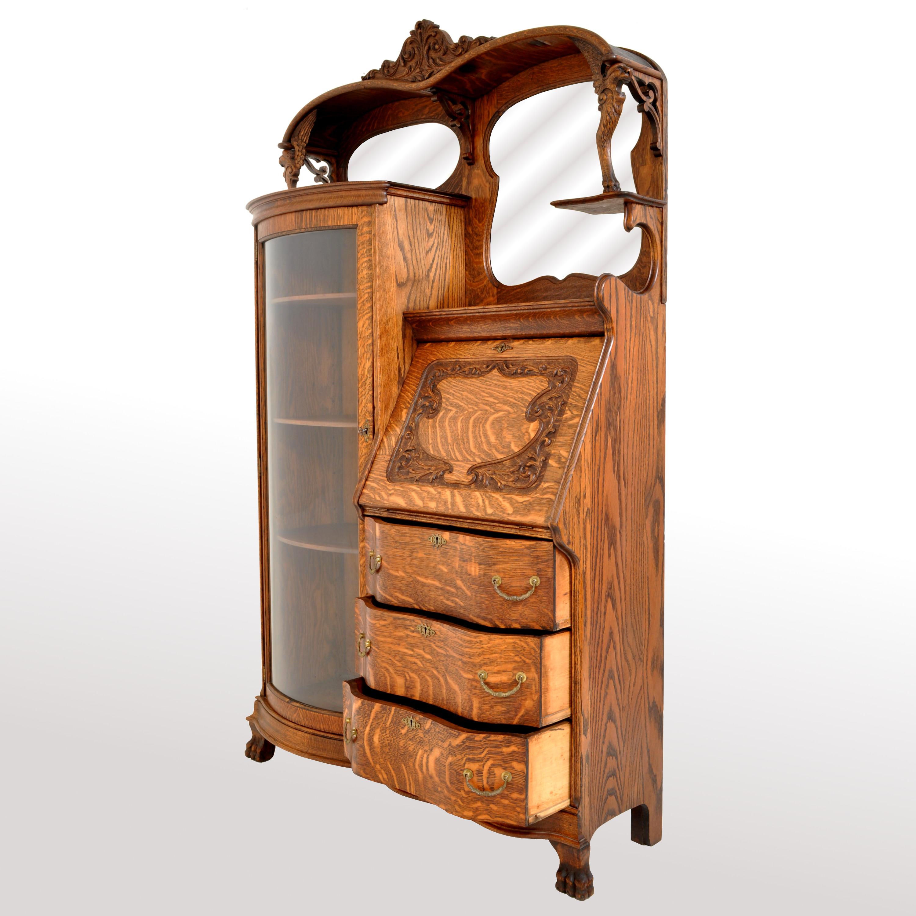 Antique American R J Horner Quarter Sawn Oak Carved Griffin Desk China Hutch In Good Condition In Portland, OR