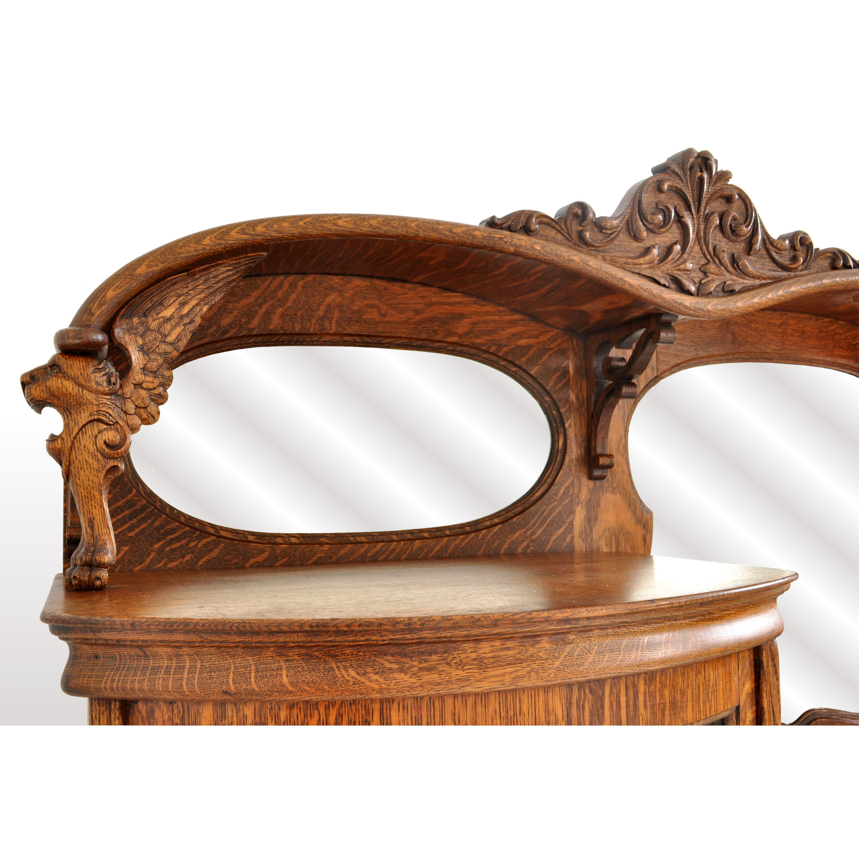 Antique American R J Horner Quarter Sawn Oak Carved Griffin Desk China Hutch 1