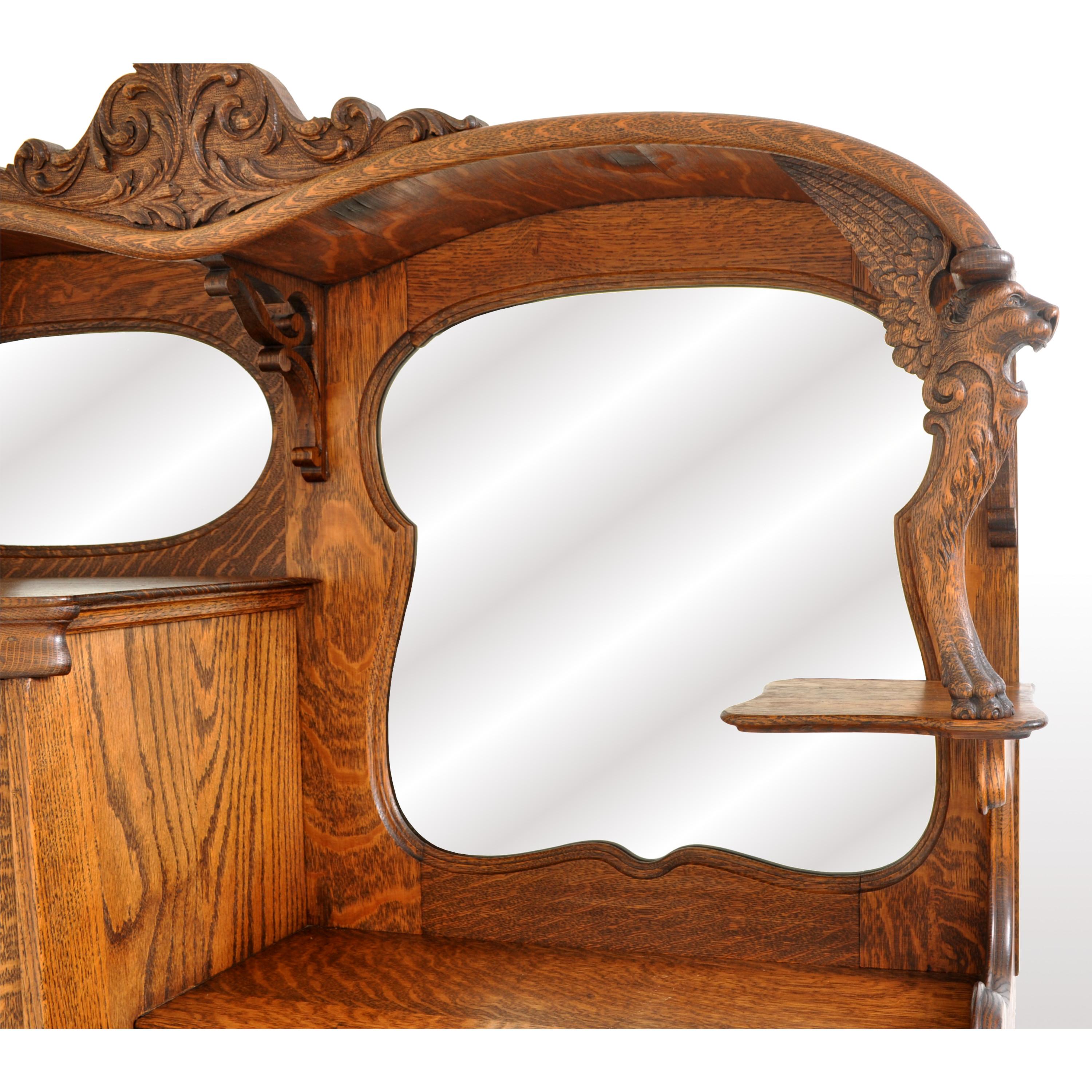 Antique American R J Horner Quarter Sawn Oak Carved Griffin Desk China Hutch 2