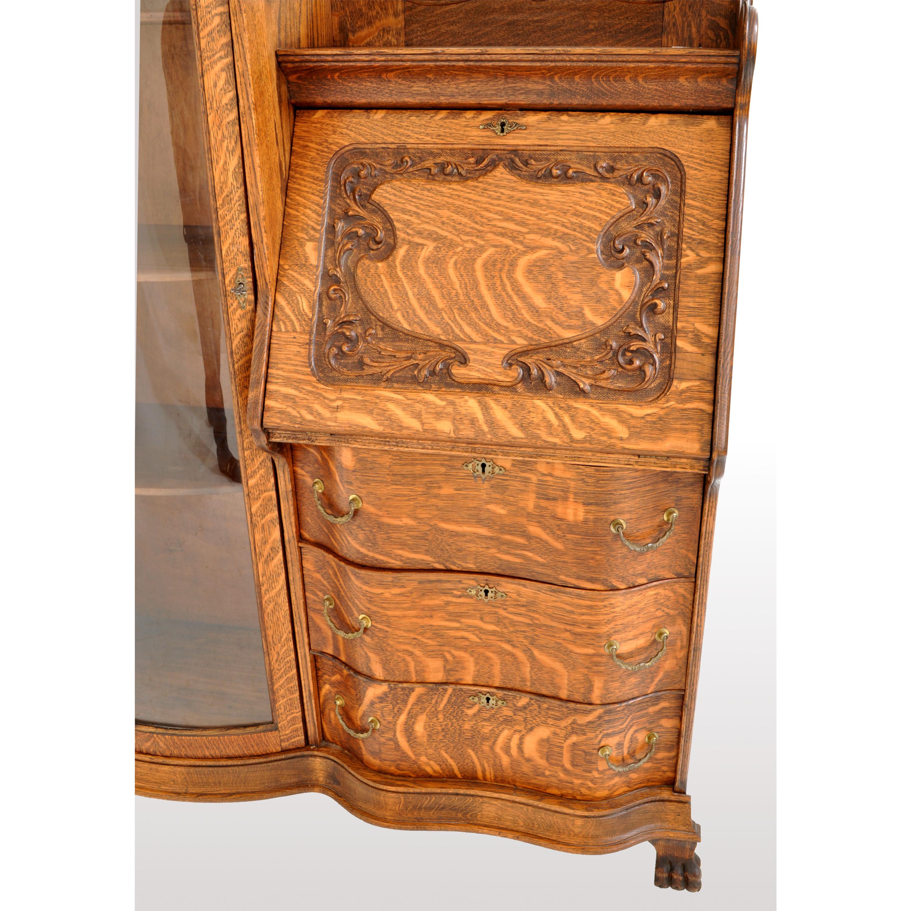Antique American R J Horner Quarter Sawn Oak Carved Griffin Desk China Hutch 3