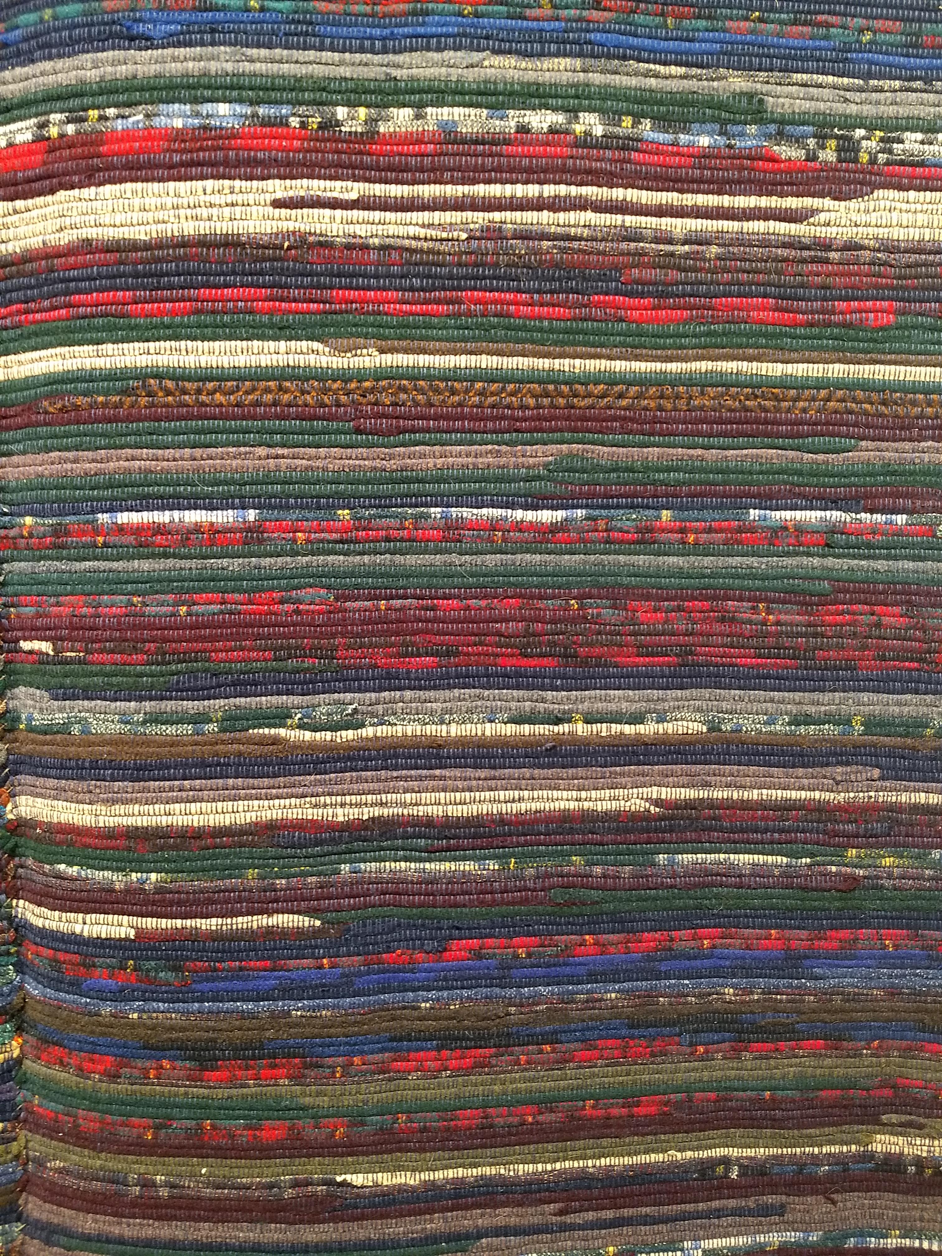 Room Size Vintage American Rag Rug in Stripe Pattern in Blue, Red, Green, Ivory In Good Condition For Sale In Barrington, IL