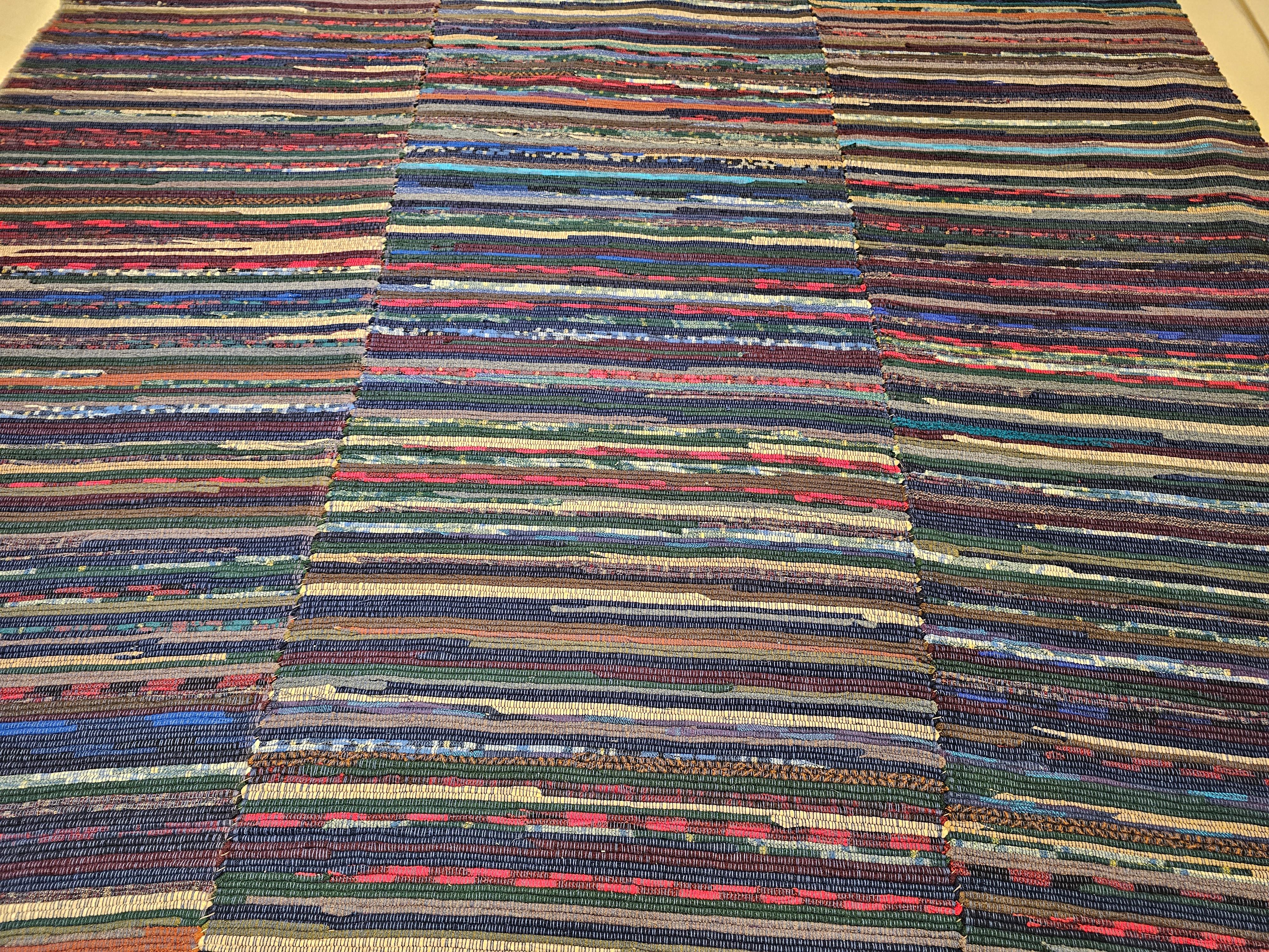 20th Century Room Size Vintage American Rag Rug in Stripe Pattern in Blue, Red, Green, Ivory For Sale