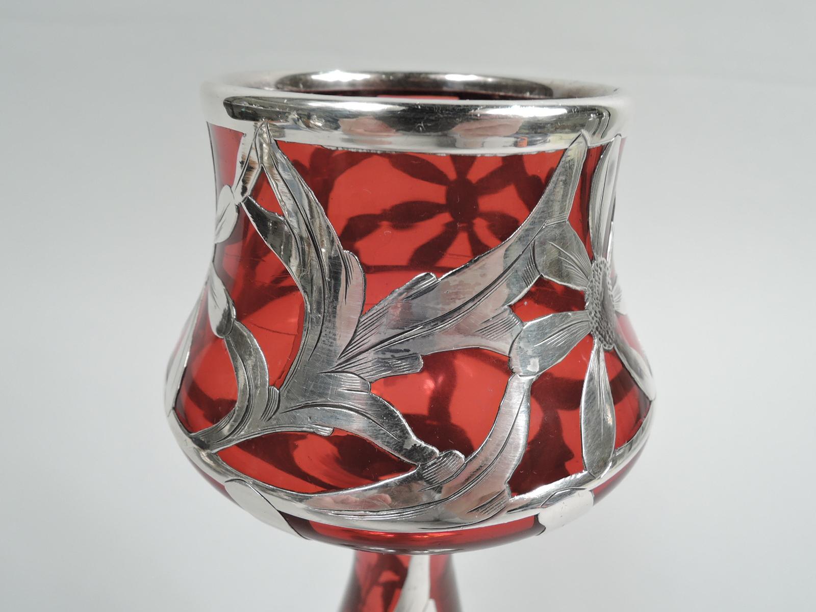 Art Nouveau Antique American Red Silver Overlay Tulip Vase