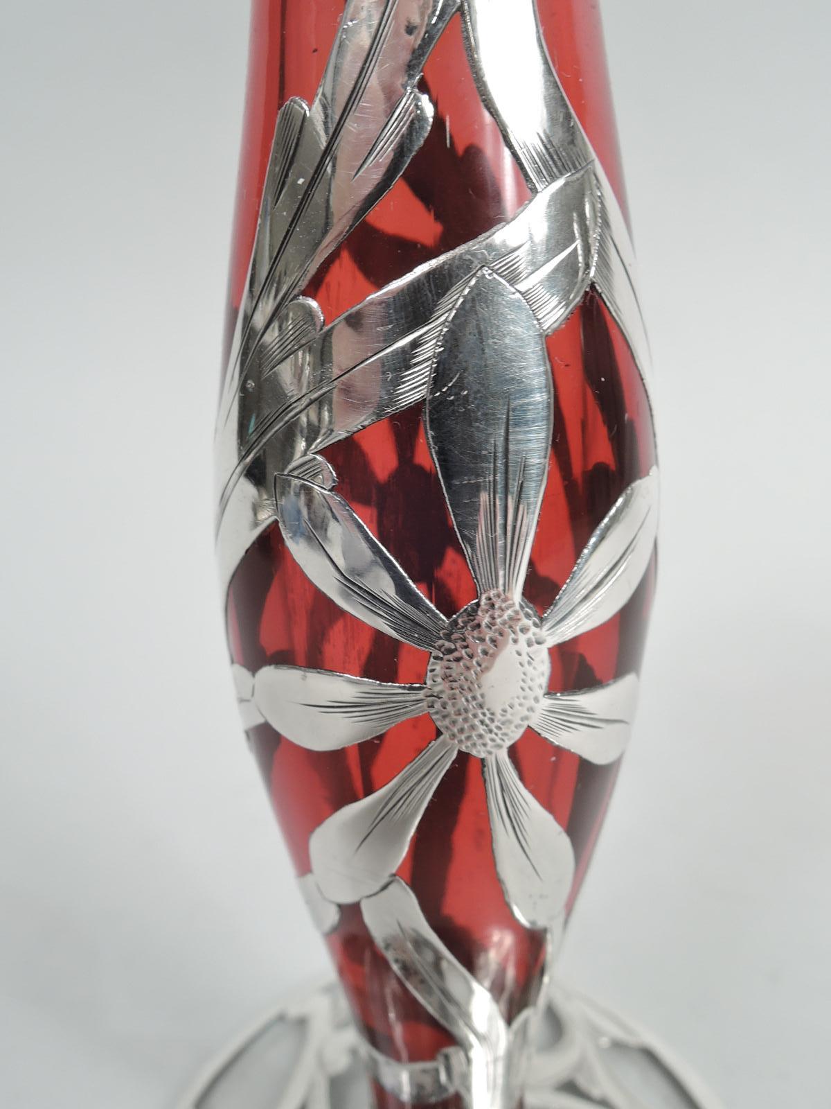 Antique American Red Silver Overlay Tulip Vase In Excellent Condition In New York, NY