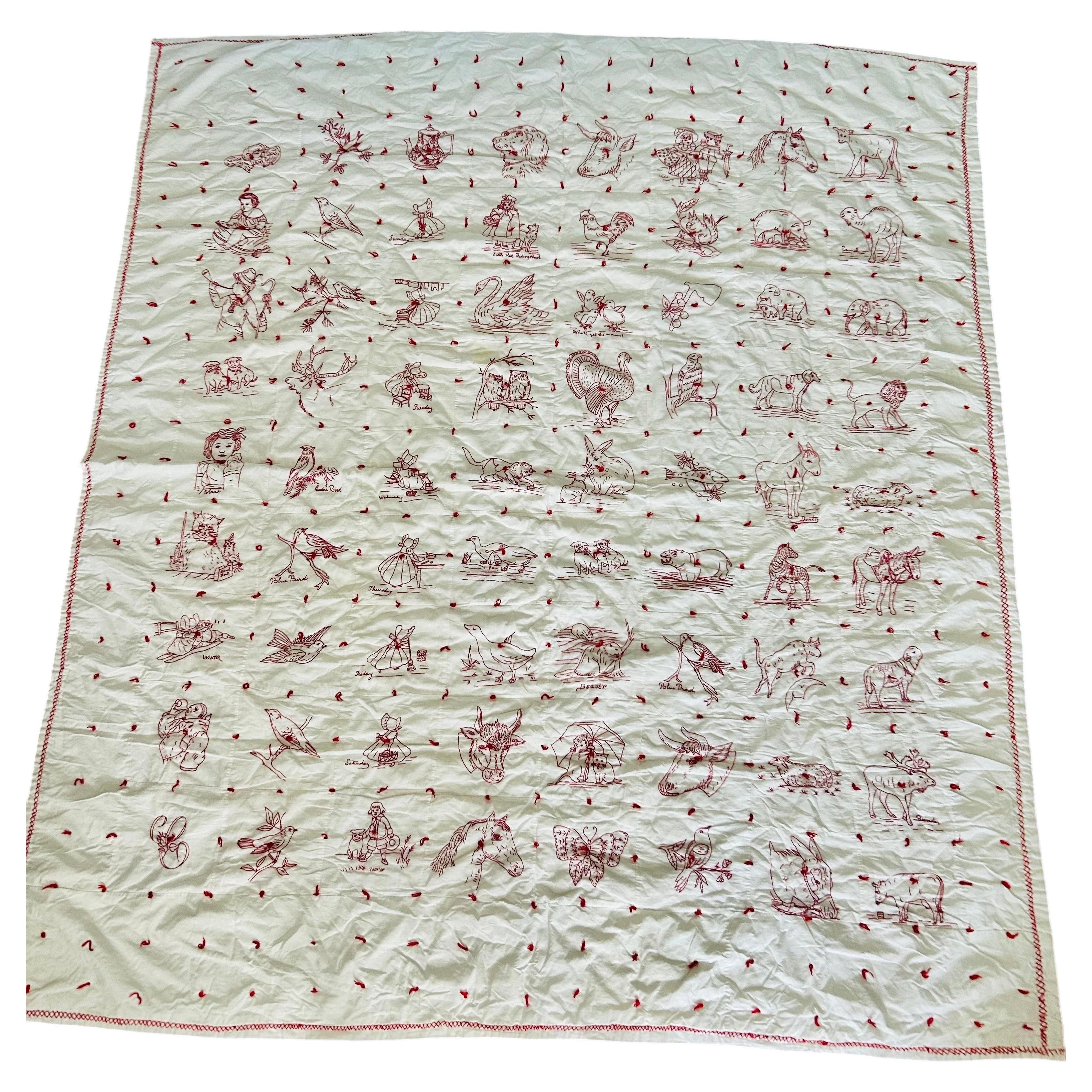 Antique American Redwork Quilt, Folk Art Textile, Circa 1895–1910 For Sale
