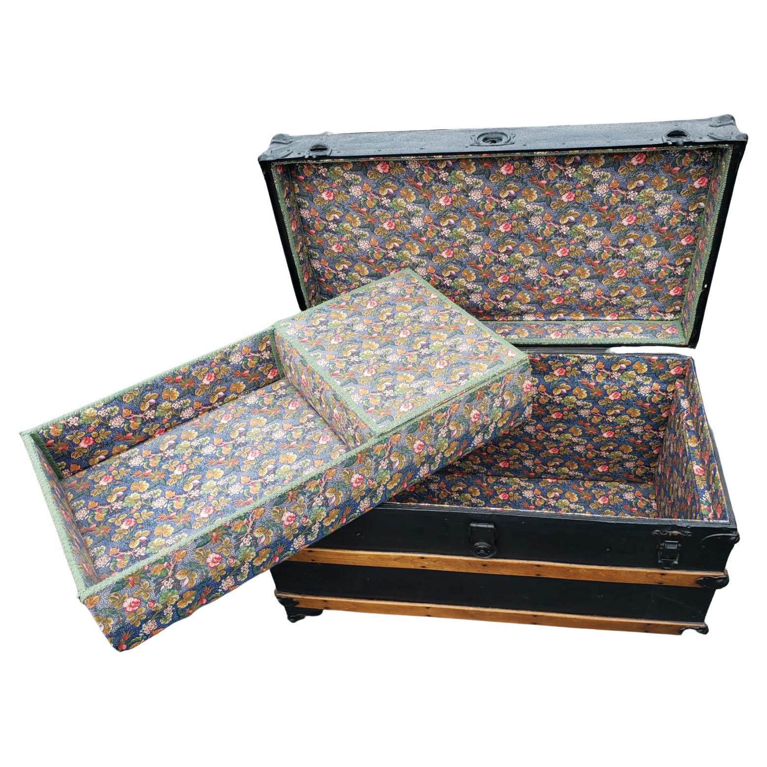 This antiques blanket has just been refinished in the outside as well as the inside. The inside is completely upholstered with fine soft cotton and polyester fabric with trims. Absolutely beautiful storage or show piece. New leather handles as well.