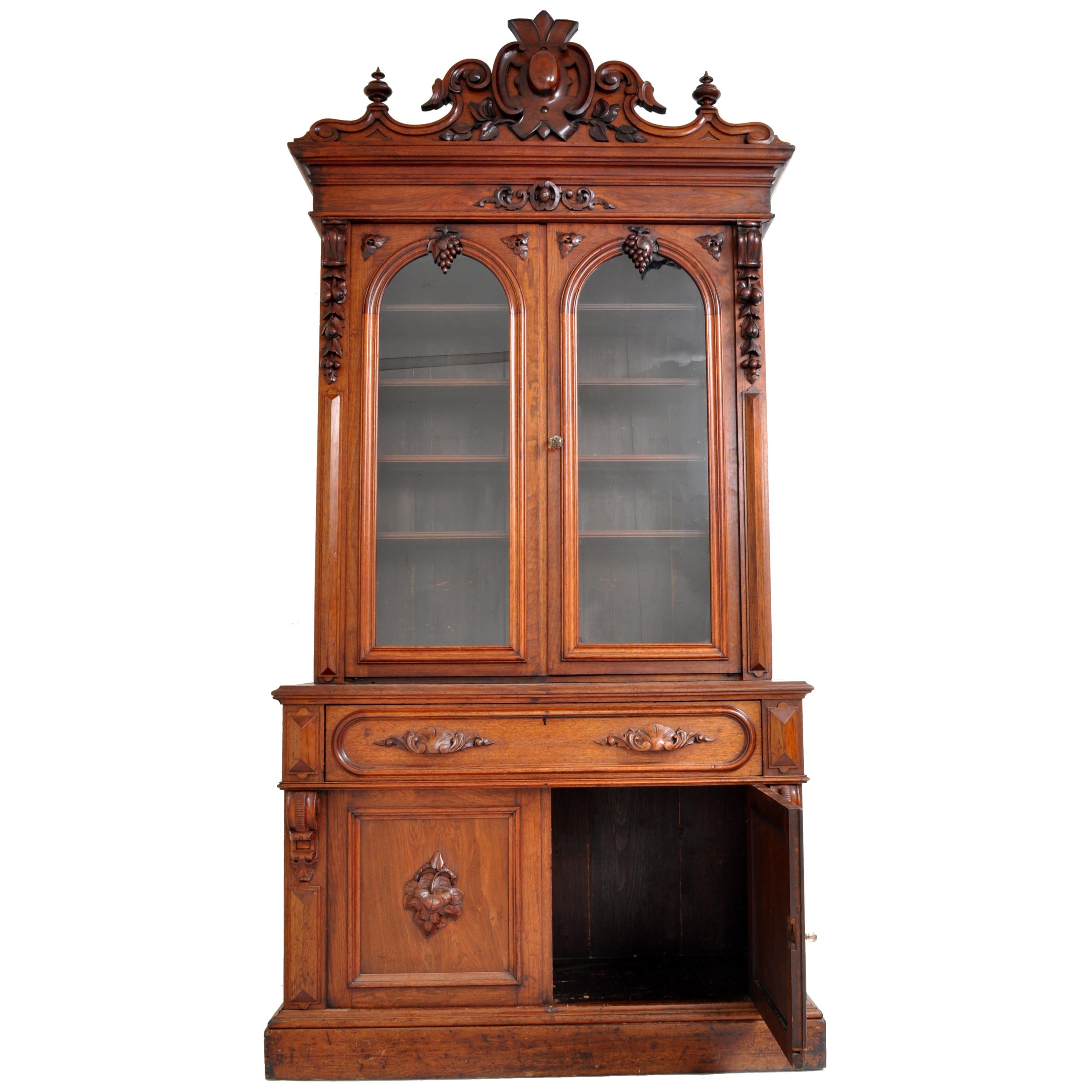 Antique American Renaissance Revival Carved Walnut Secretary Desk Bookcase, 1870 8