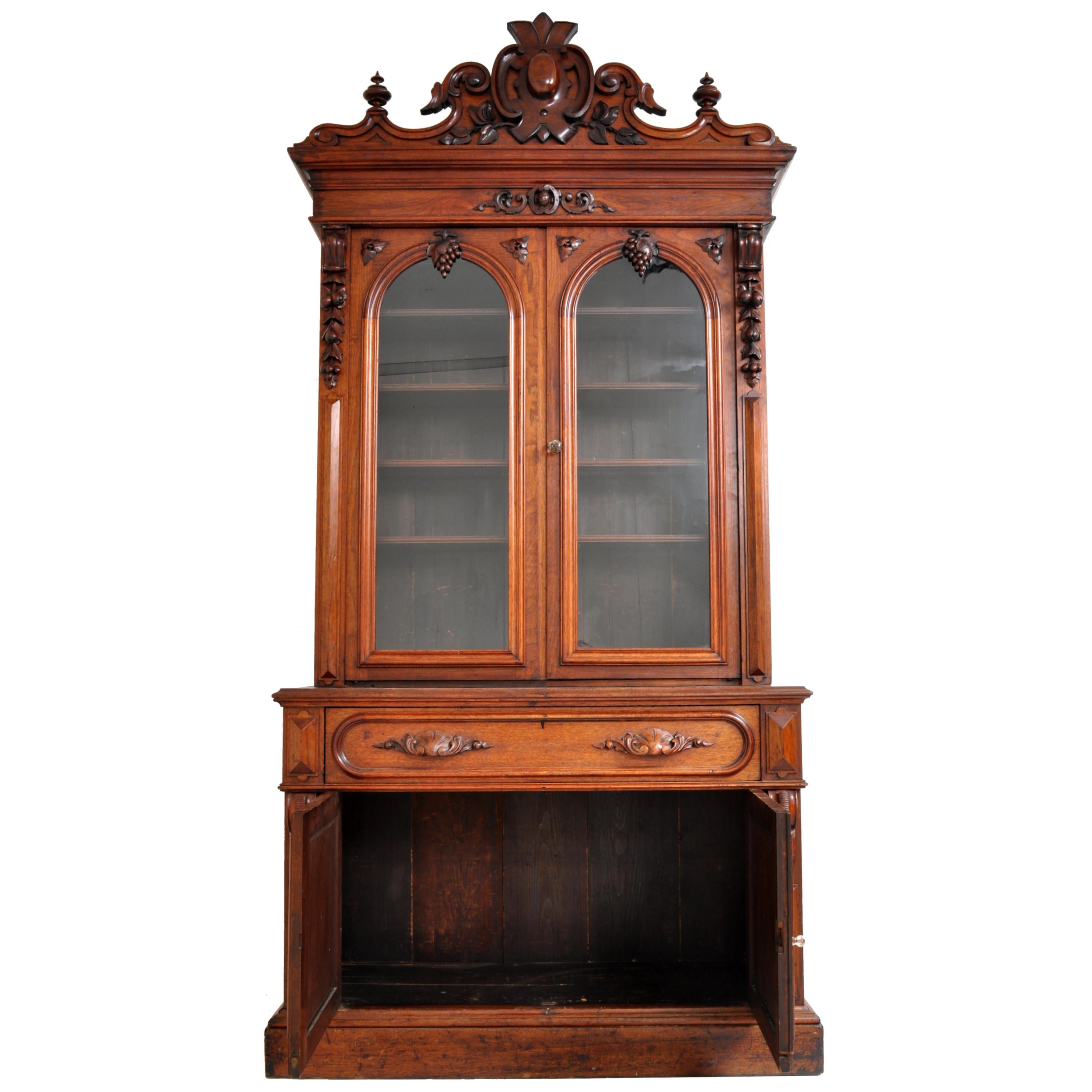 Antique American Renaissance Revival Carved Walnut Secretary Desk Bookcase, 1870 9