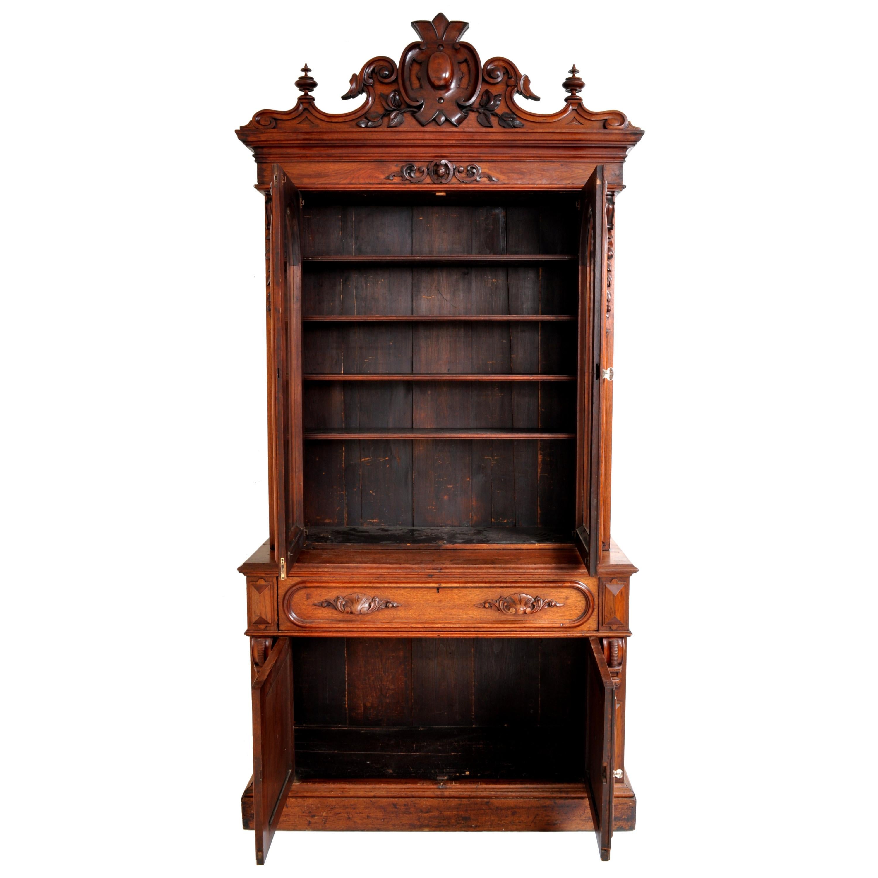 Antique American Renaissance Revival Carved Walnut Secretary Desk Bookcase, 1870 10