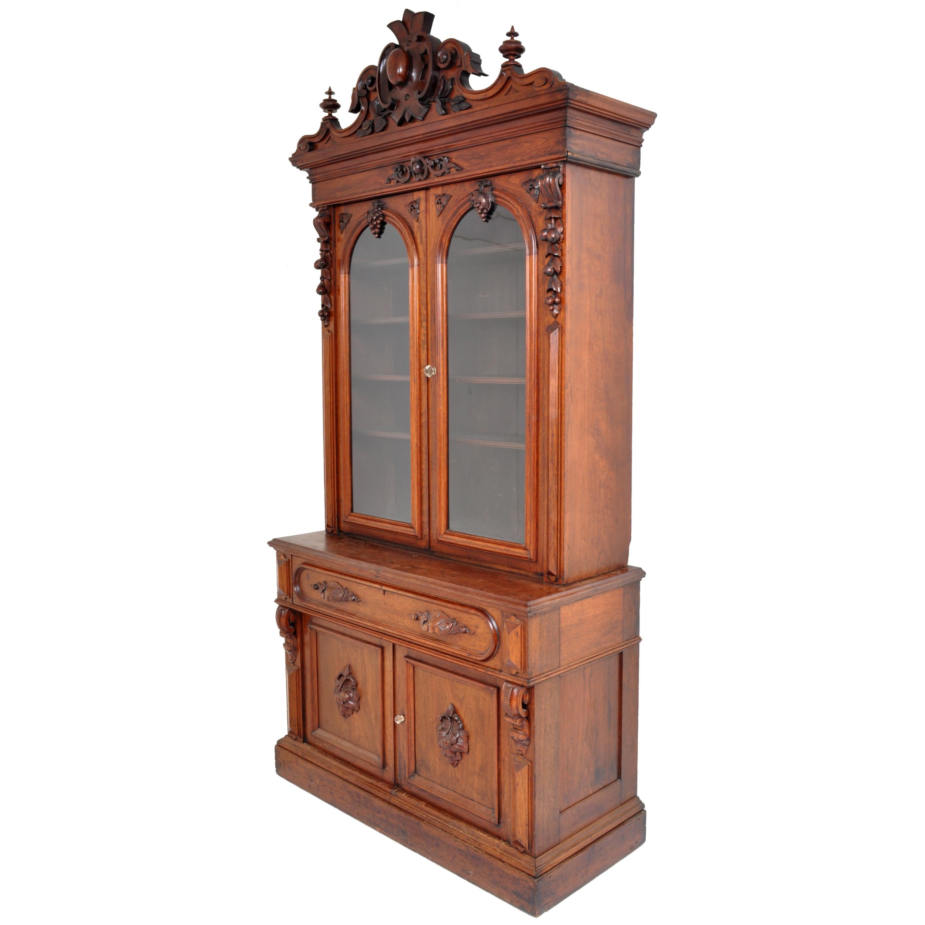 Antique American Renaissance Revival Carved Walnut Secretary Desk Bookcase, 1870 In Good Condition In Portland, OR