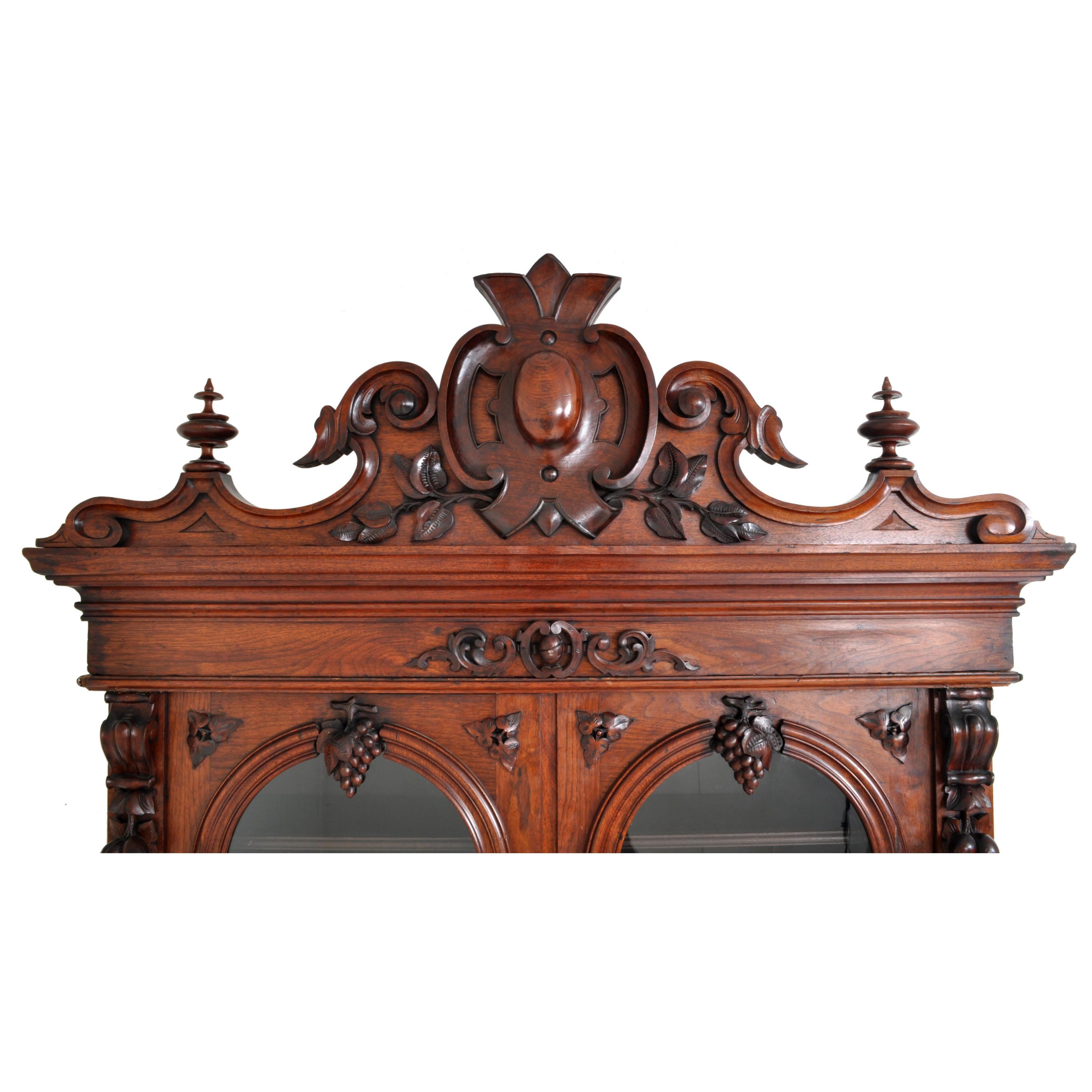 Late 19th Century Antique American Renaissance Revival Carved Walnut Secretary Desk Bookcase, 1870