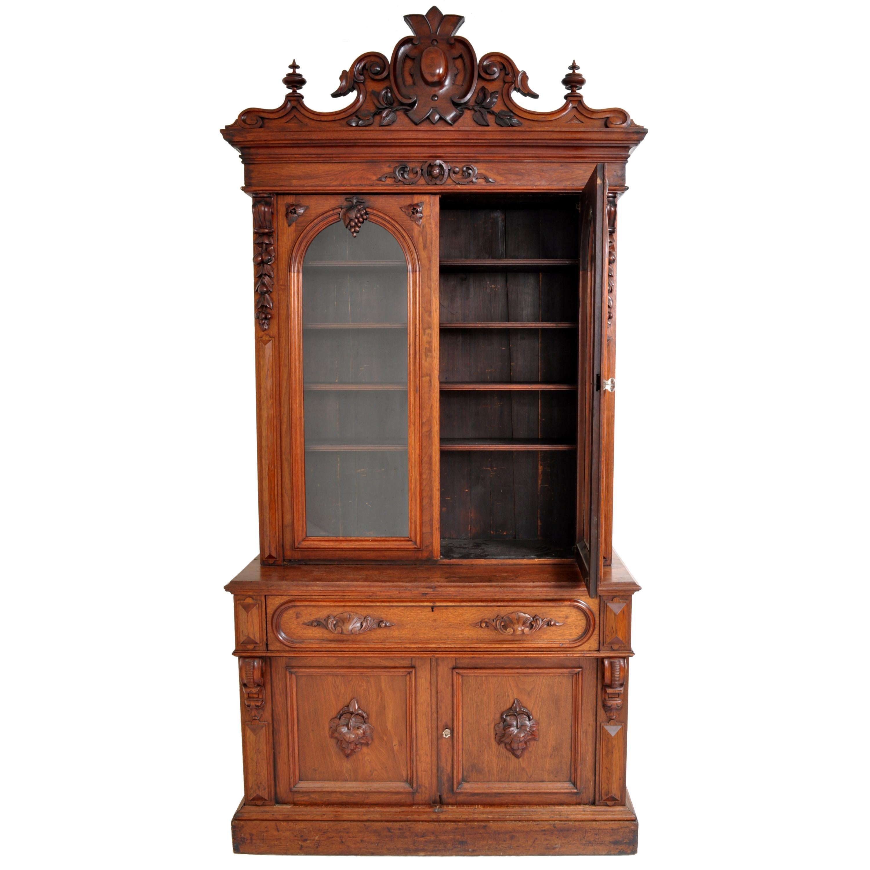 Antique American Renaissance Revival Carved Walnut Secretary Desk Bookcase, 1870 1