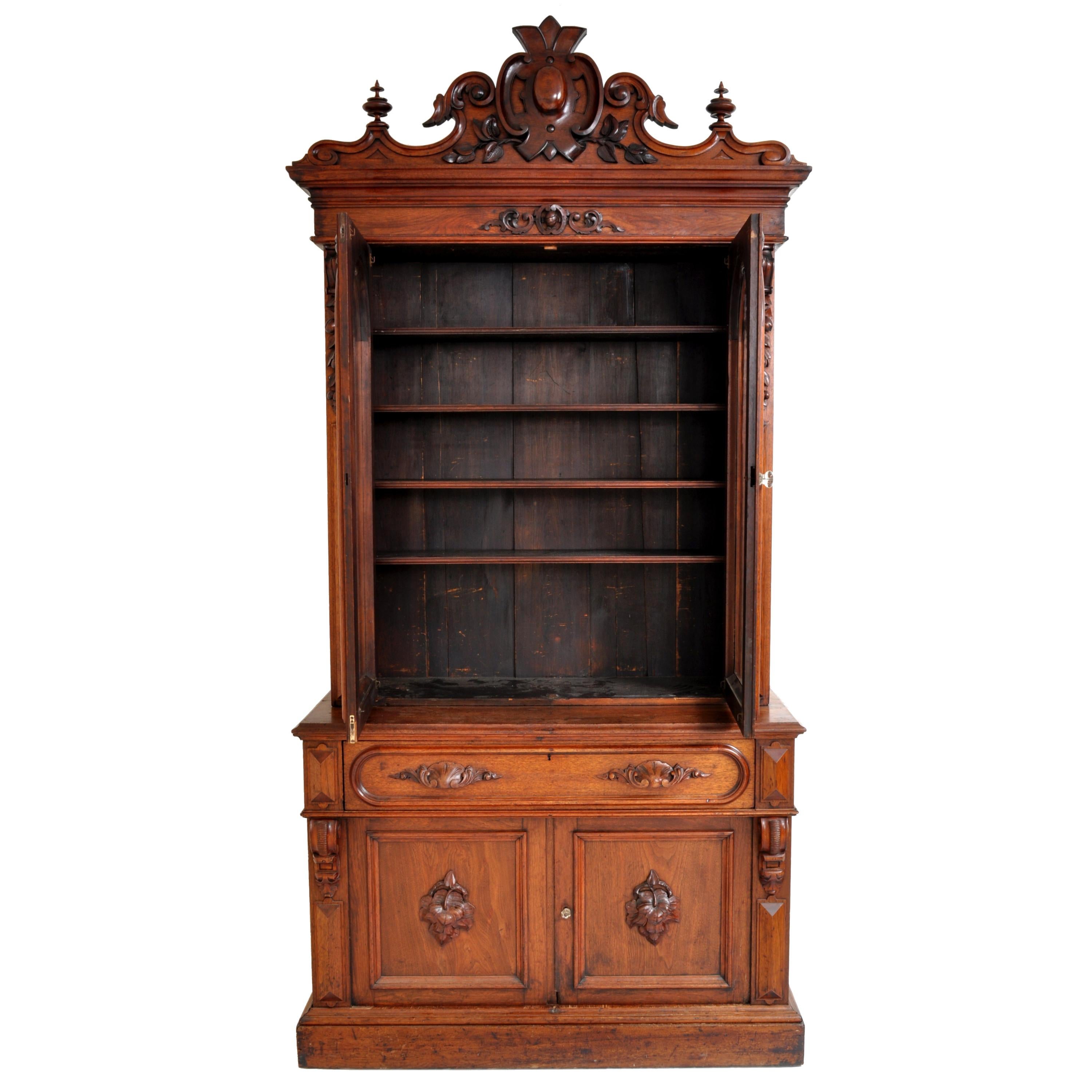 Antique American Renaissance Revival Carved Walnut Secretary Desk Bookcase, 1870 2