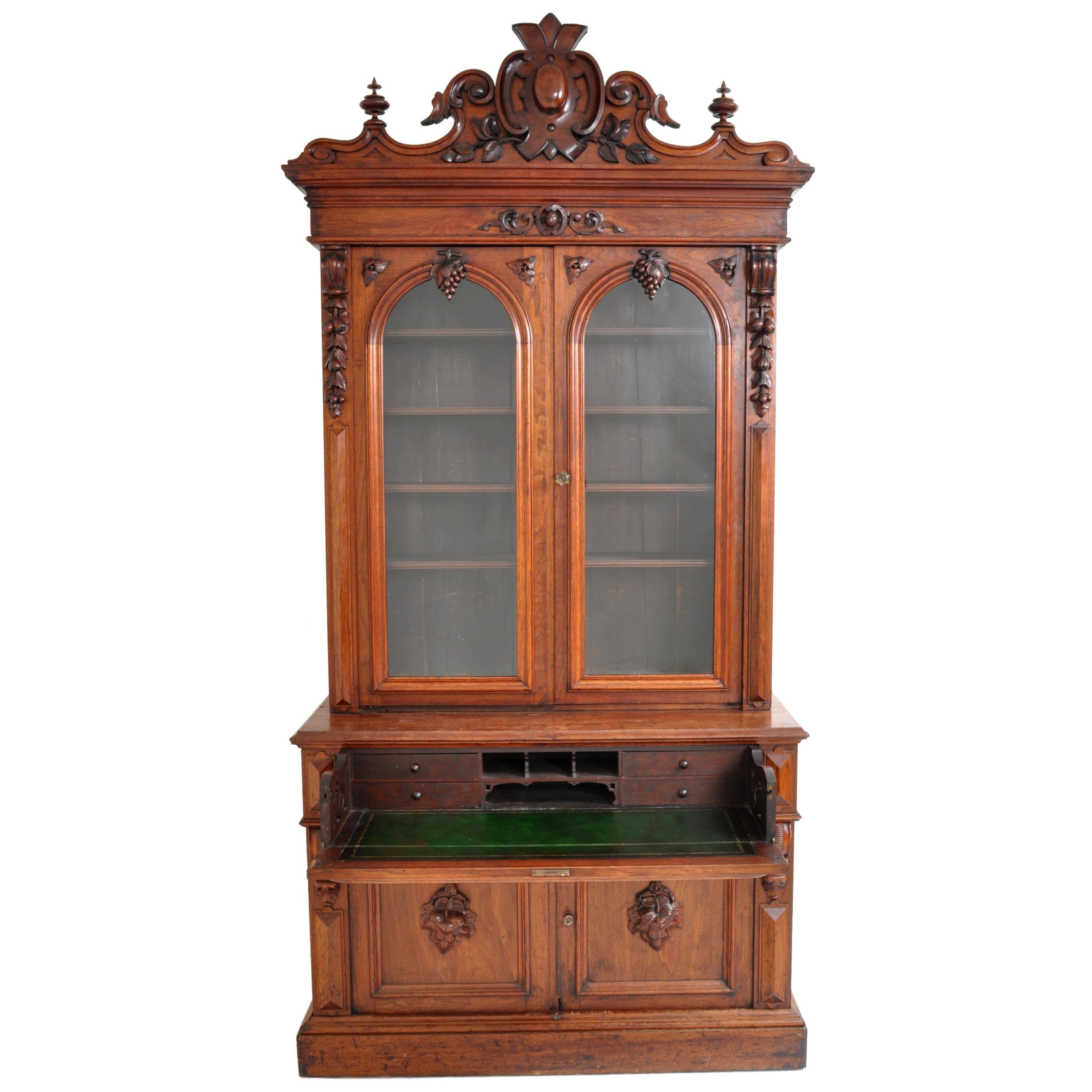 Antique American Renaissance Revival Carved Walnut Secretary Desk Bookcase, 1870 3