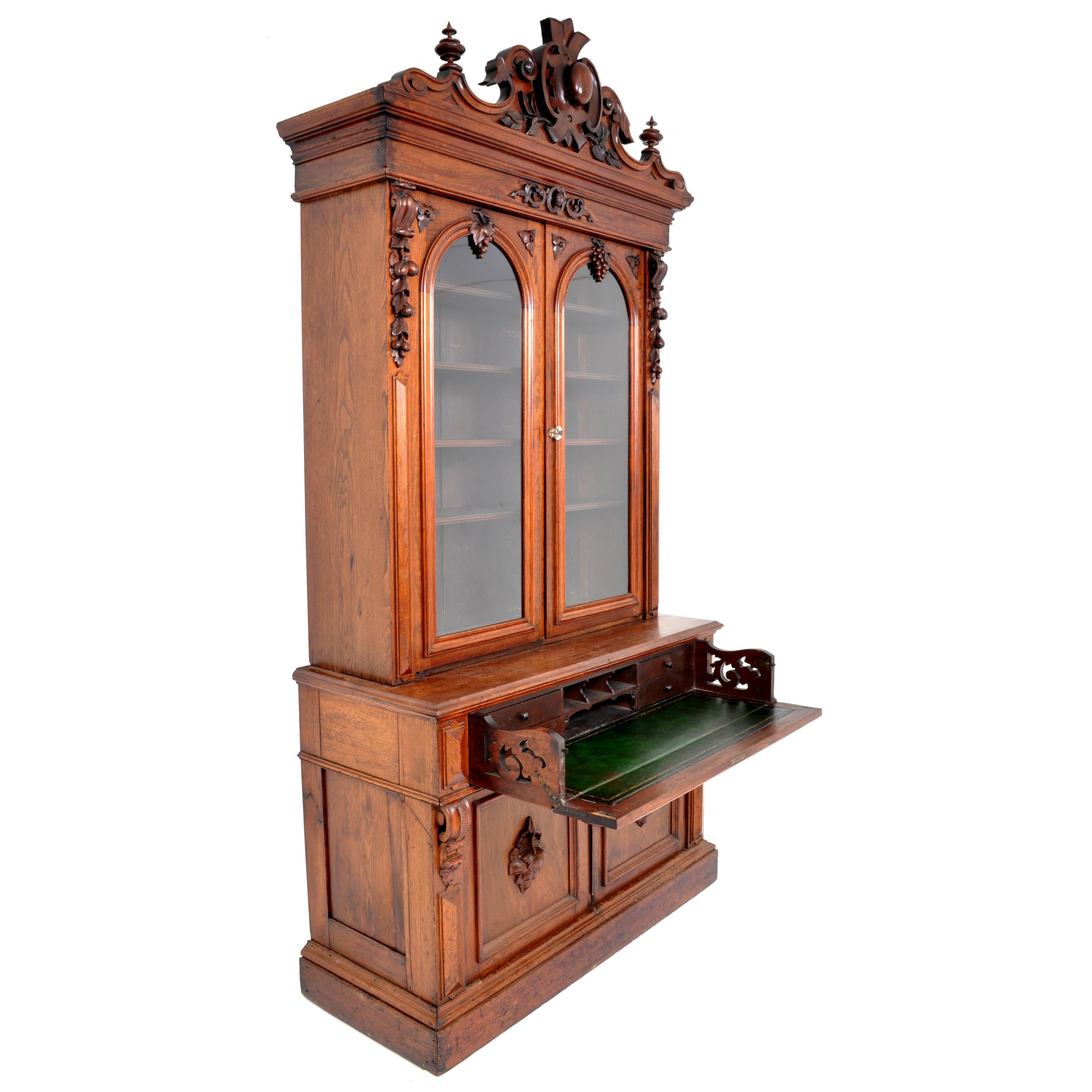 Antique American Renaissance Revival Carved Walnut Secretary Desk Bookcase, 1870 4
