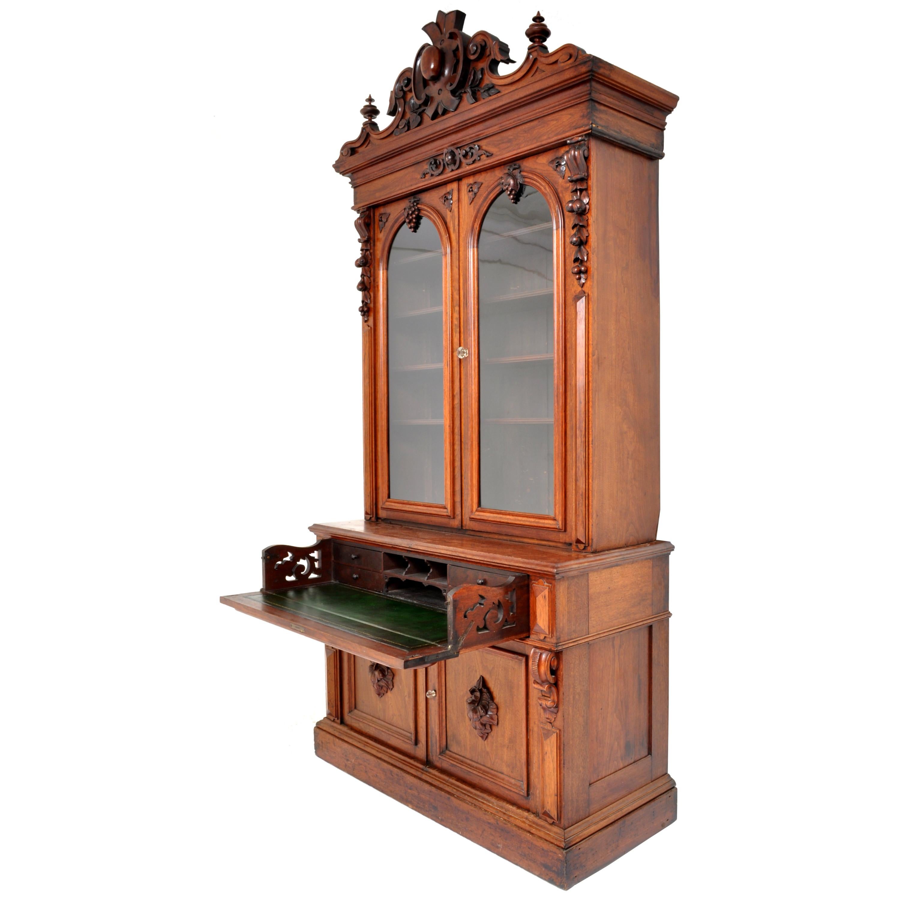 Antique American Renaissance Revival Carved Walnut Secretary Desk Bookcase, 1870 5