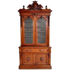 Antique American Renaissance Revival Carved Walnut Secretary Desk Bookcase, 1870