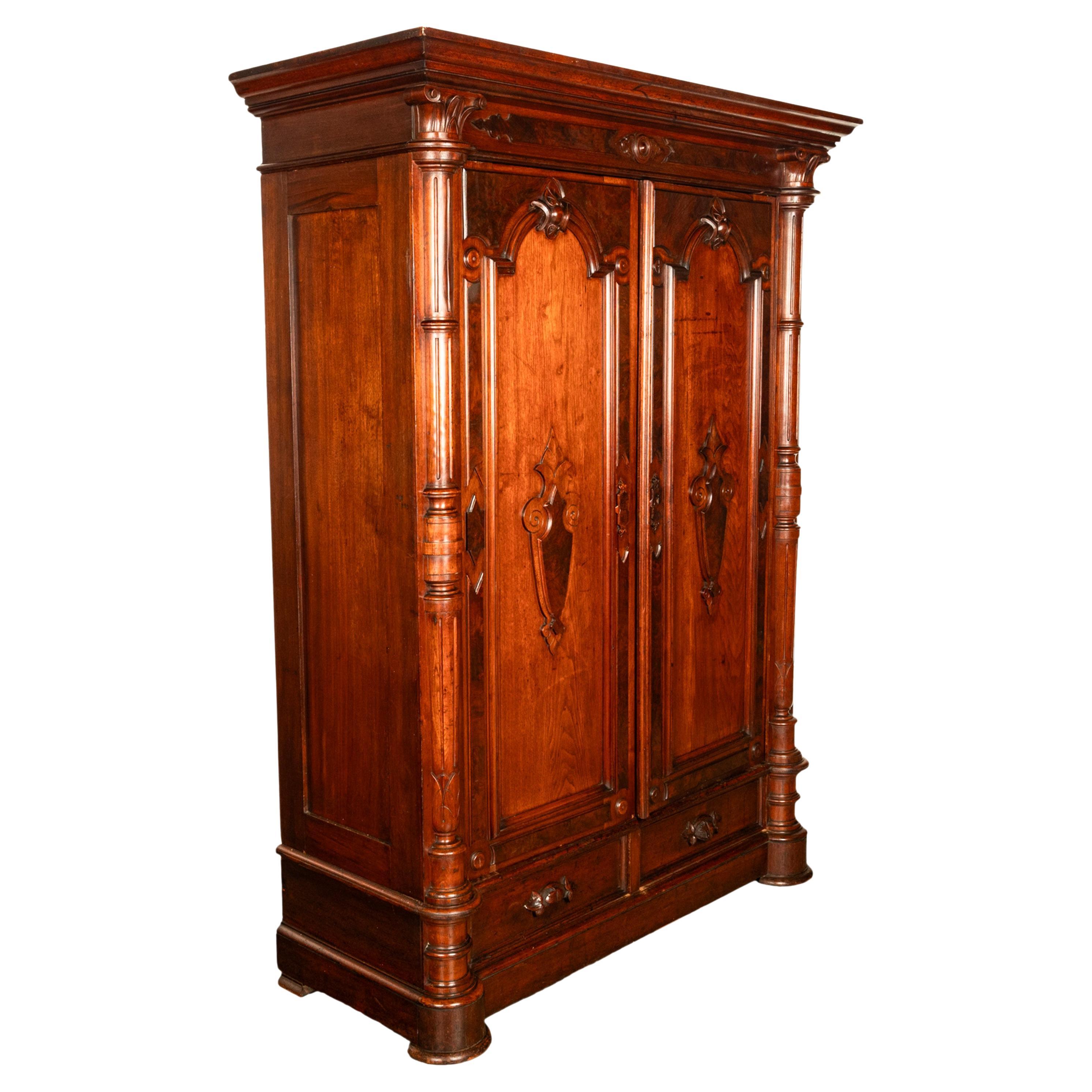 Antique American Renaissance Revival Carved Walnut Victorian Armoire Wardrobe NY