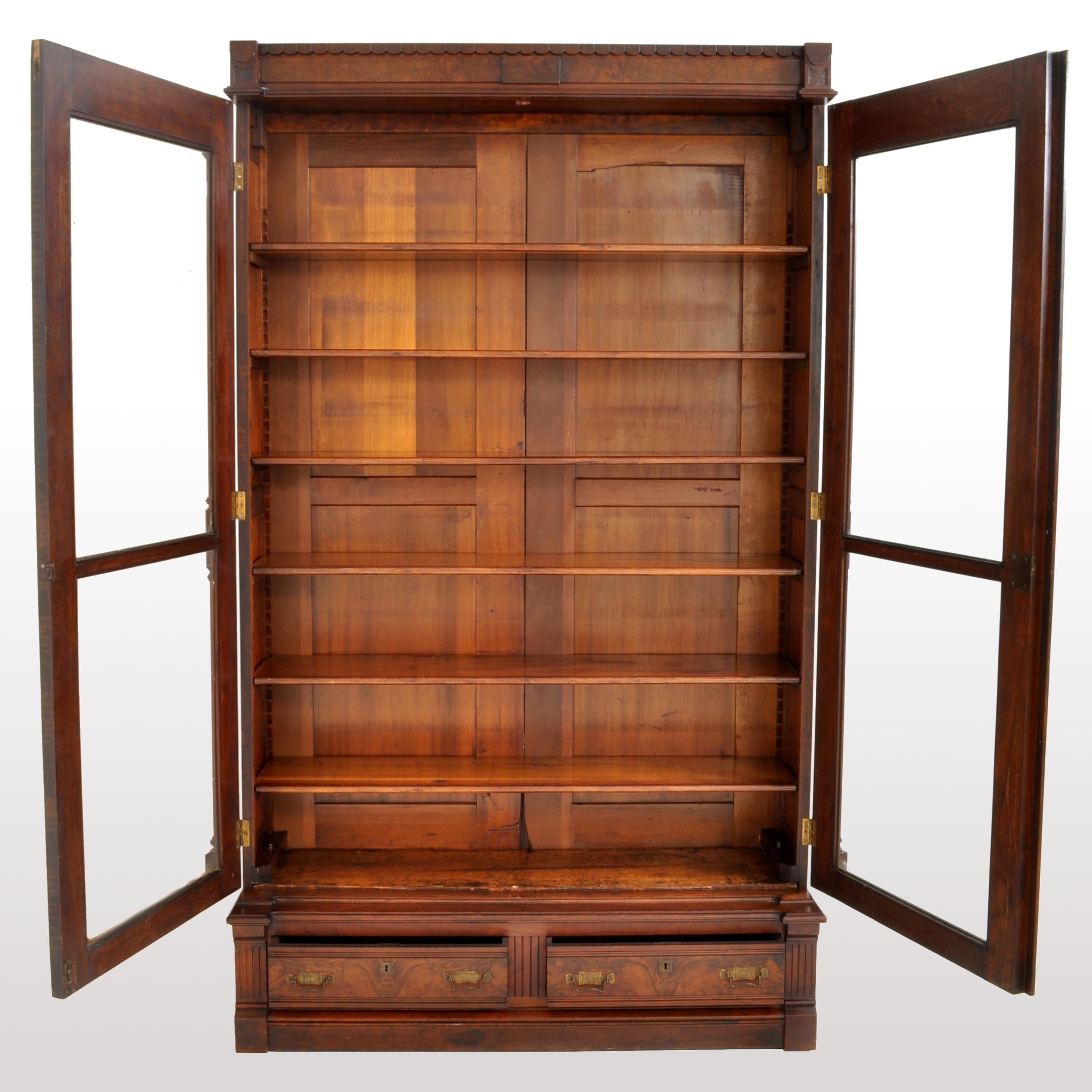Late 19th Century Antique American Renaissance Revival Eastlake Carved Walnut Tall Bookcase, 1875