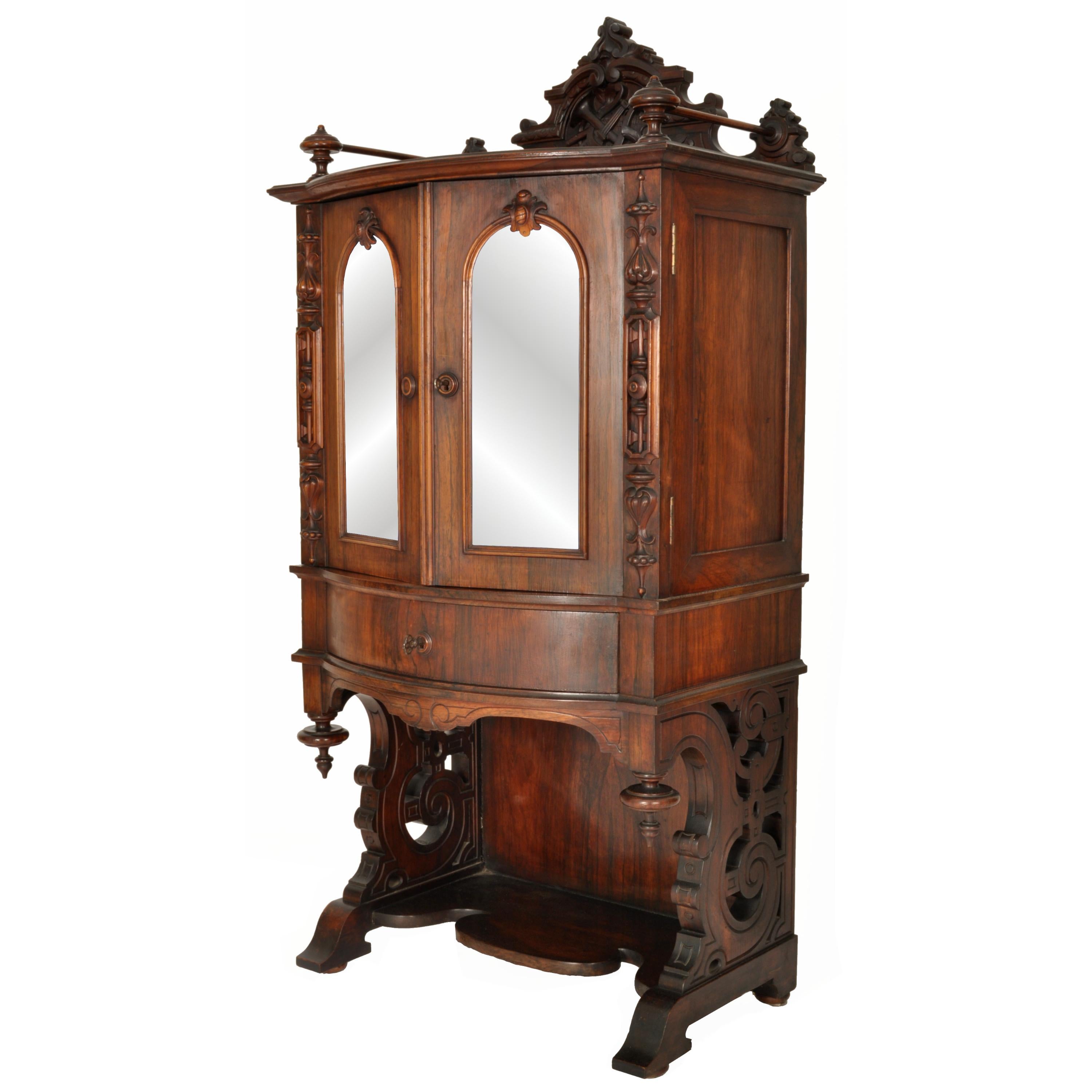 Hand-Carved Antique American Renaissance Revival Rosewood Carved Music Cabinet, Circa 1870