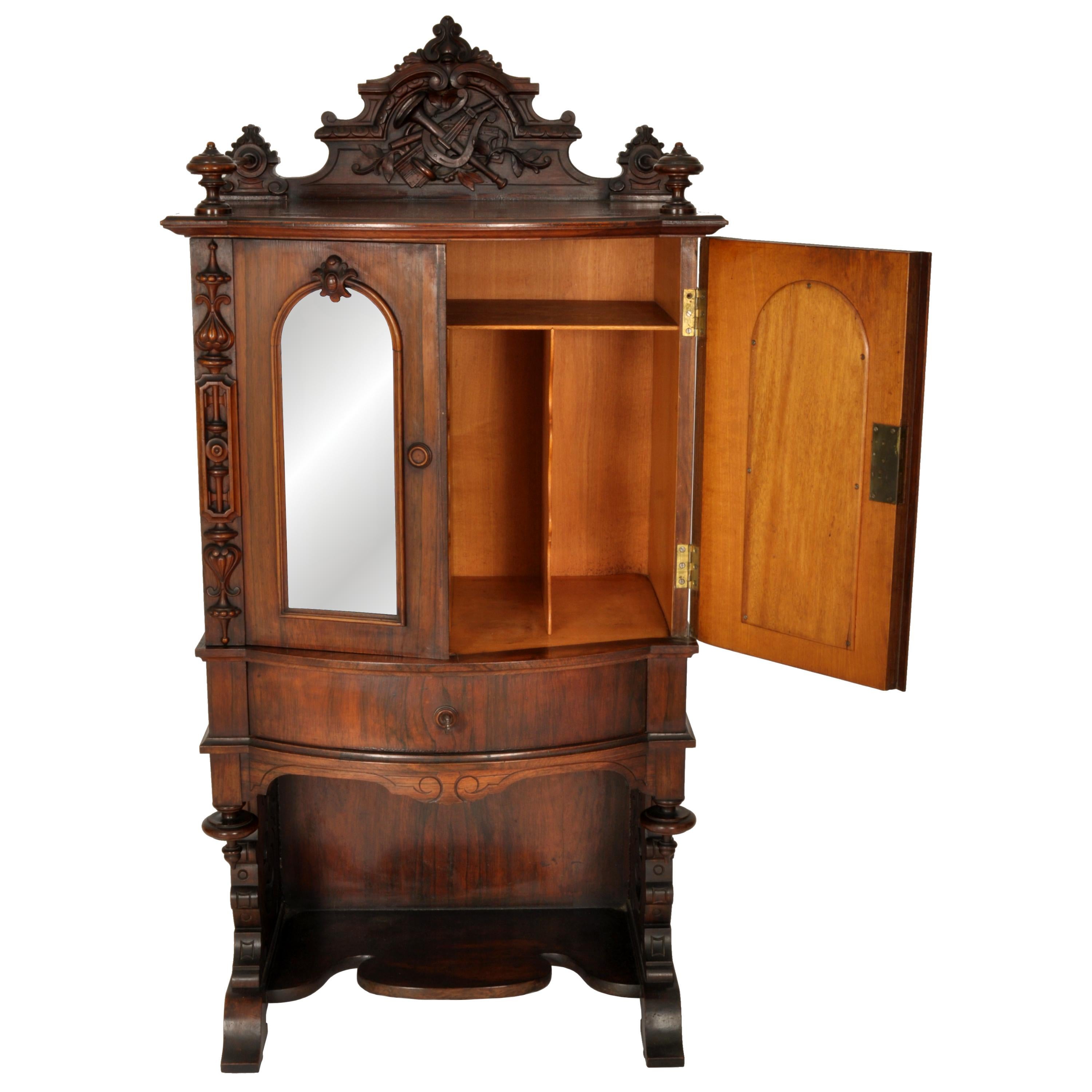 Mid-19th Century Antique American Renaissance Revival Rosewood Carved Music Cabinet, Circa 1870