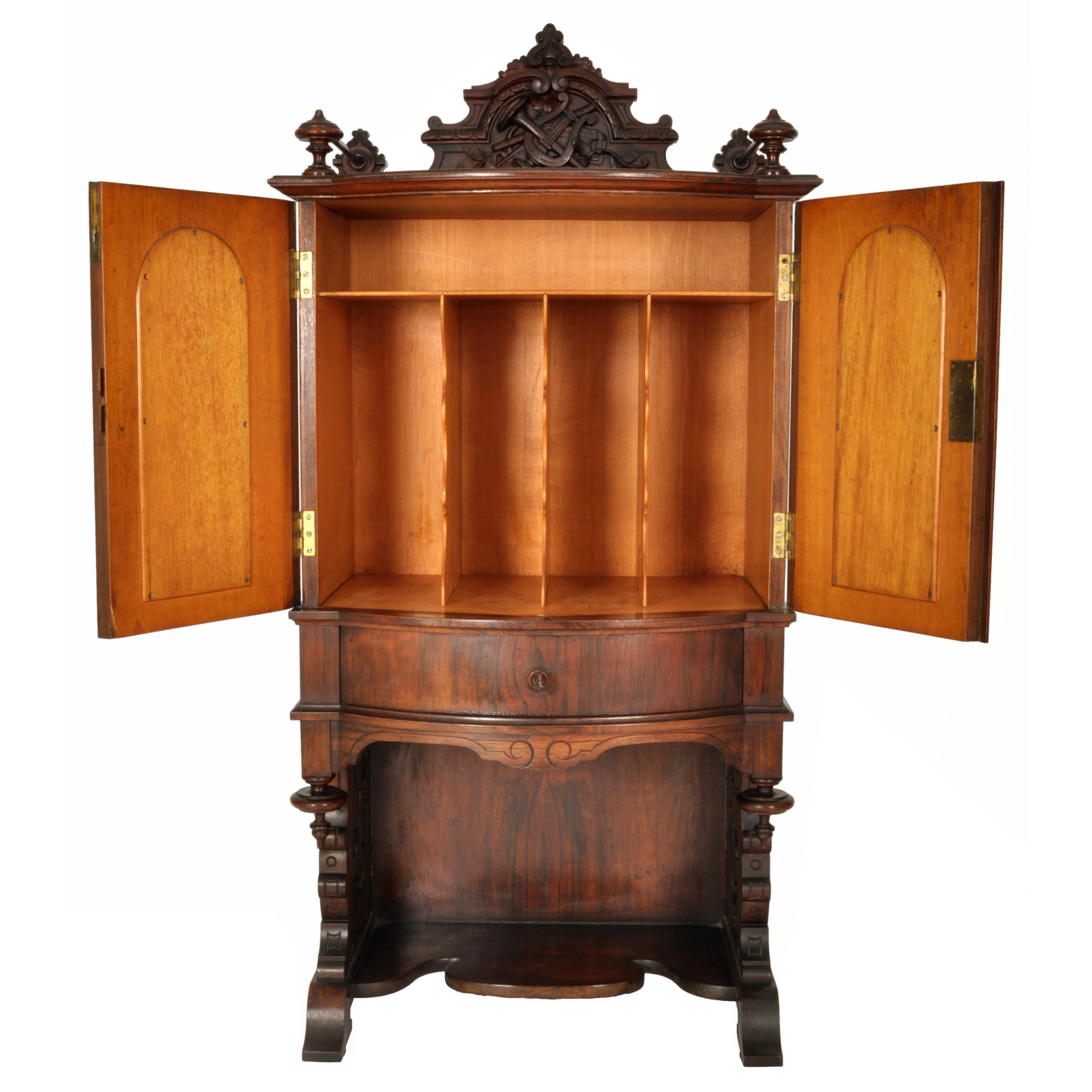 Maple Antique American Renaissance Revival Rosewood Carved Music Cabinet, Circa 1870