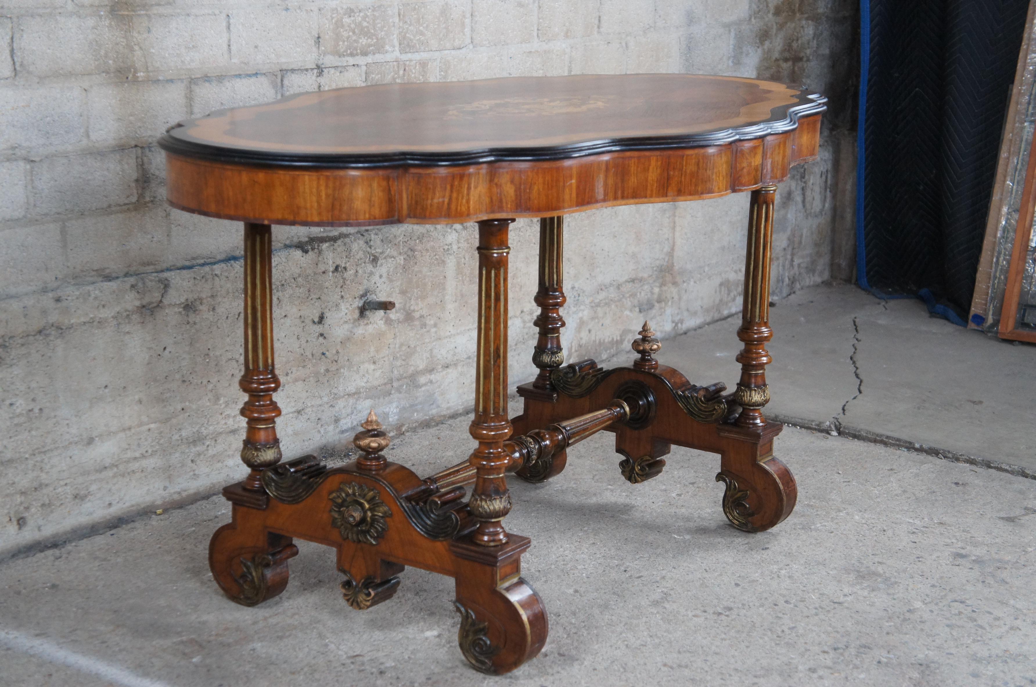 19th Century Antique American Renaissance Revival Serpentine Walnut Marquetry Center Table For Sale