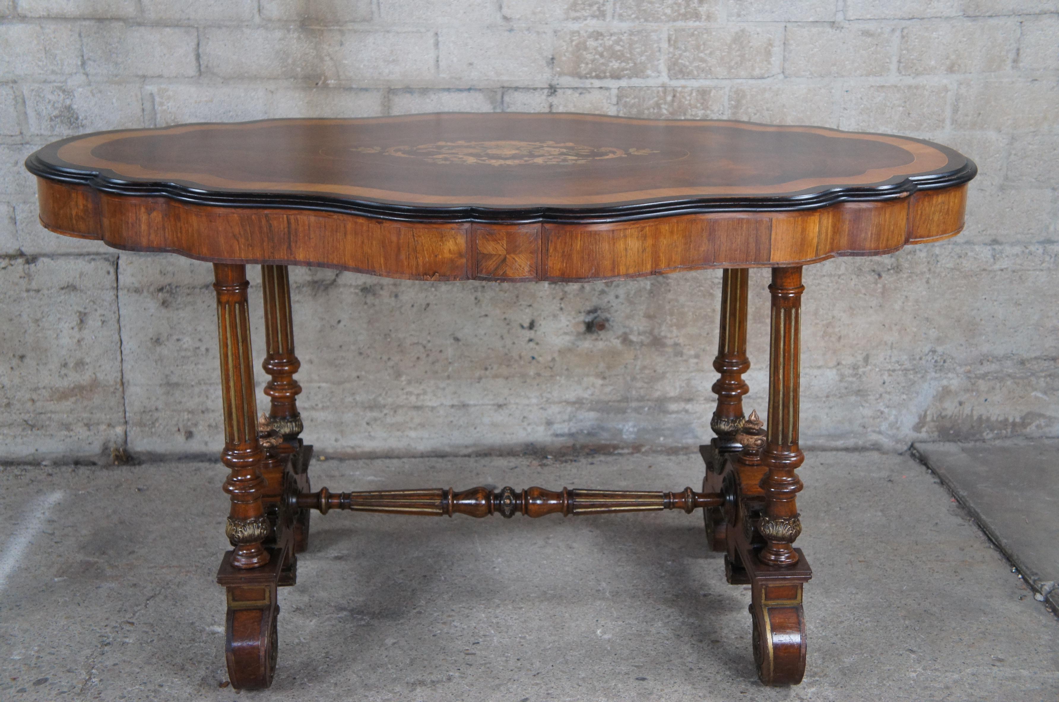 Antique American Renaissance Revival Serpentine Walnut Marquetry Center Table For Sale 5