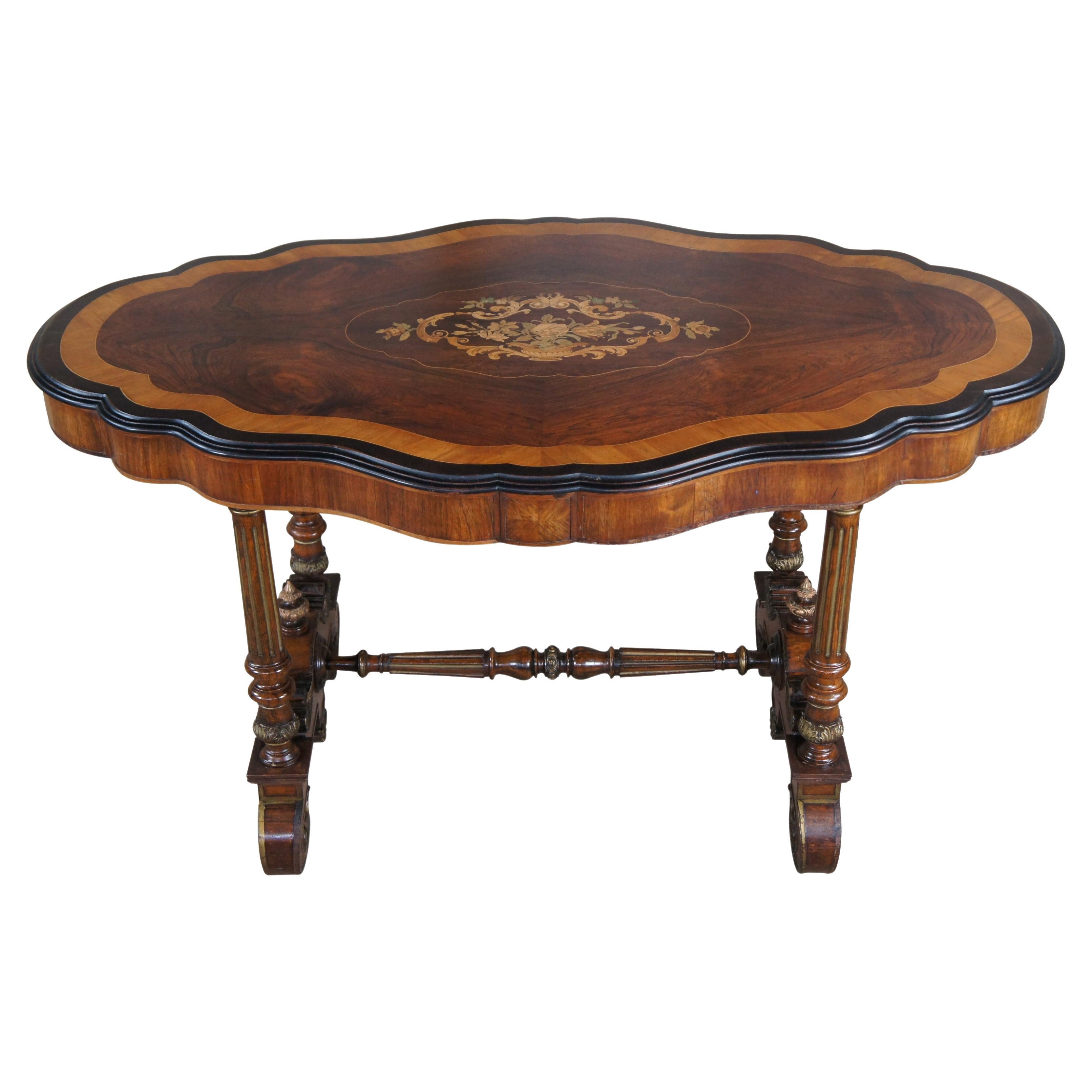 Antique American Renaissance Revival Serpentine Walnut Marquetry Center Table