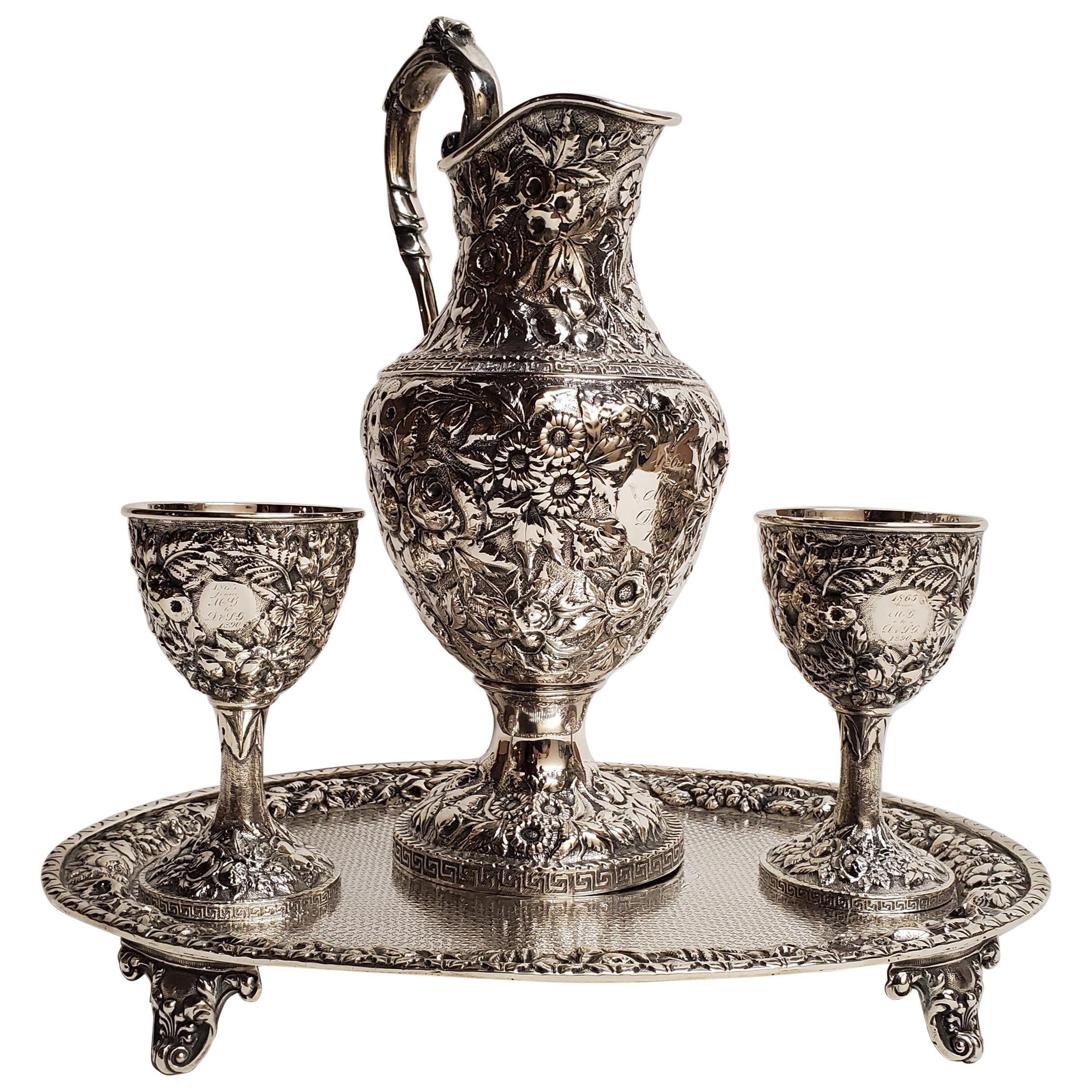 Antique American Repousse Sterling Silver Drinks Set For Sale