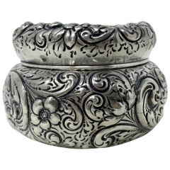 Antique American Repousse Sterling Silver Vanity Powder Jar with Lid