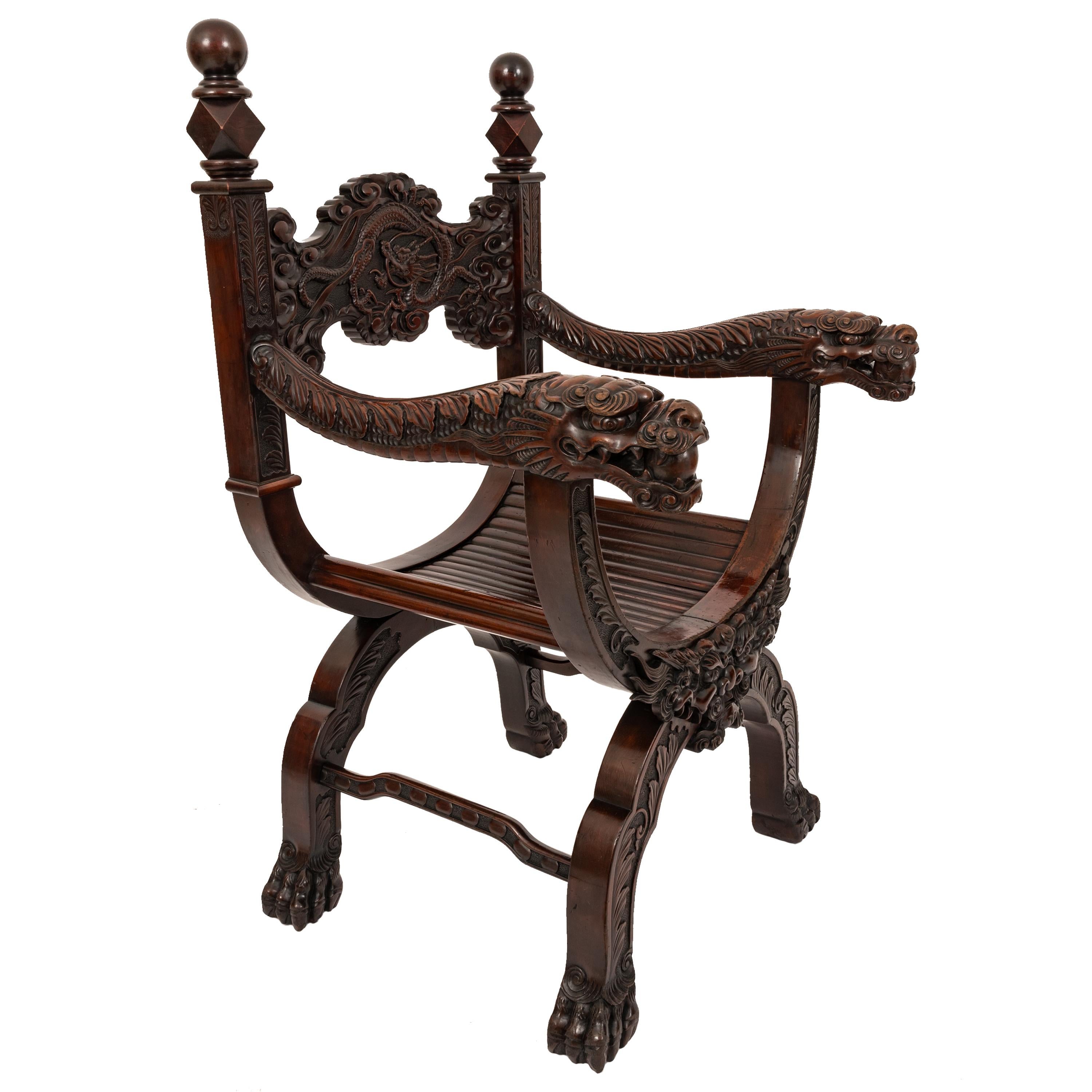 Arts and Crafts Antique American Robert Mitchell Carved Chinoiserie Savonarola Dragon Chair 1900 For Sale