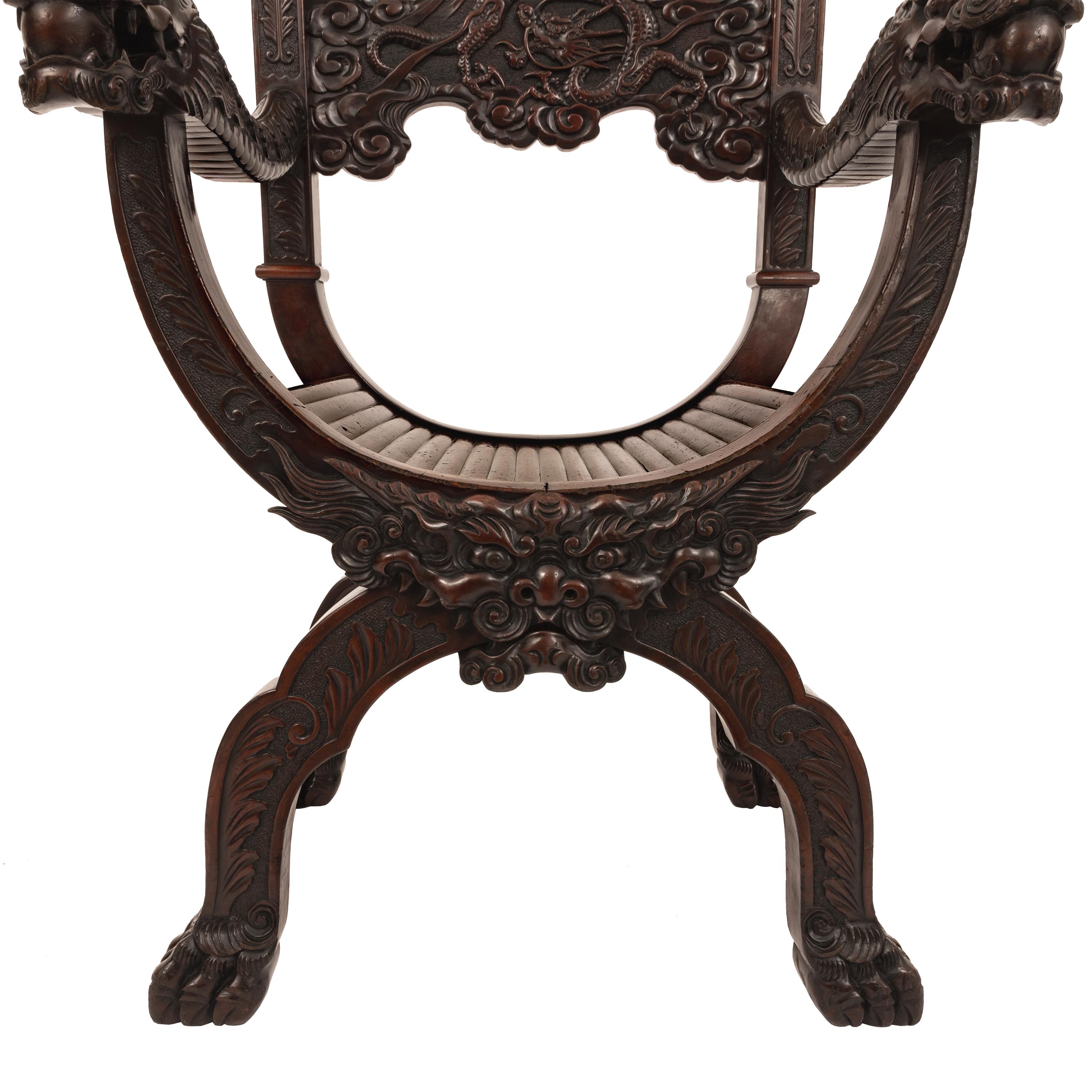 Arts and Crafts Antique American Robert Mitchell Carved Chinoiserie Savonarola Dragon Chair 1900 For Sale