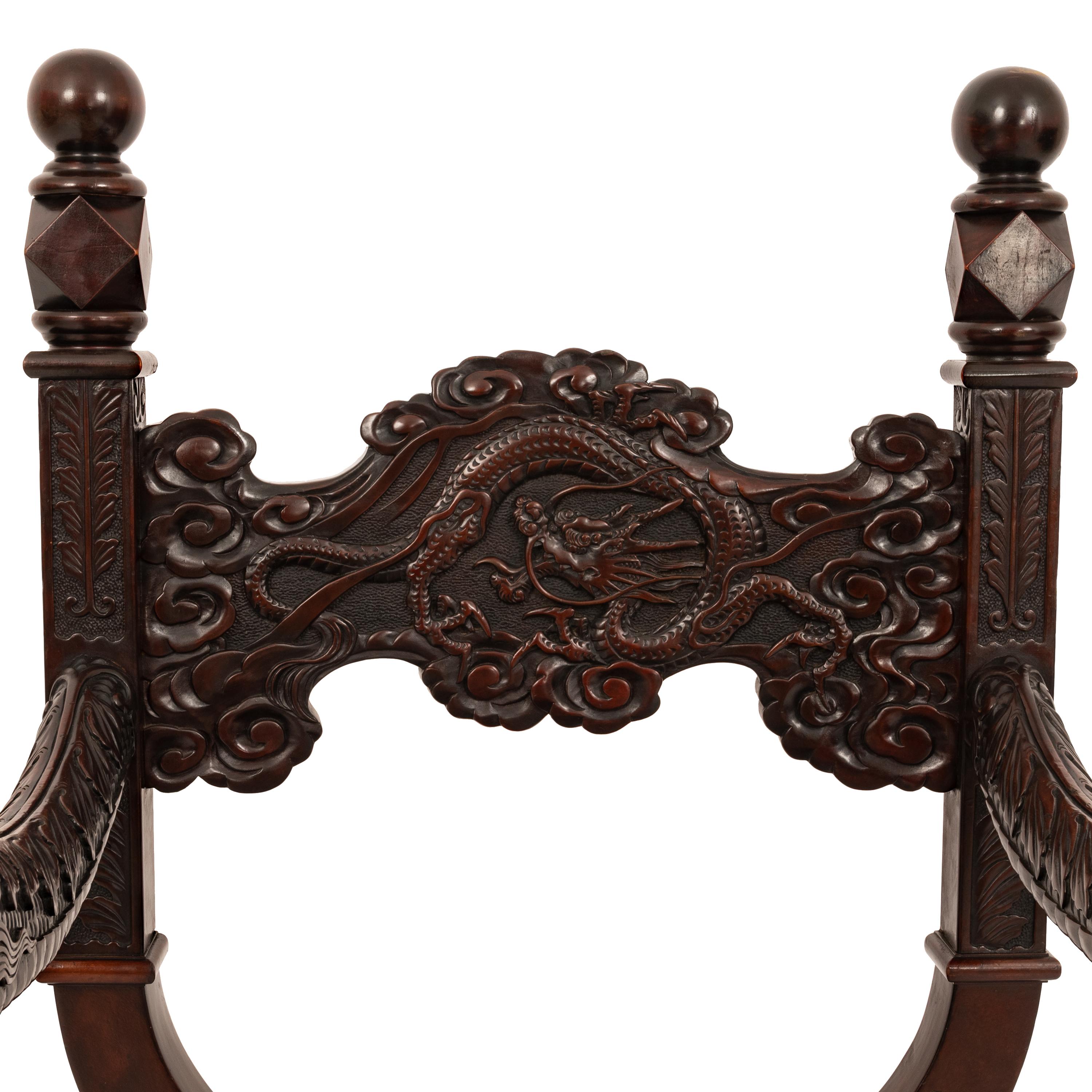 Early 20th Century Antique American Robert Mitchell Carved Chinoiserie Savonarola Dragon Chair 1900 For Sale