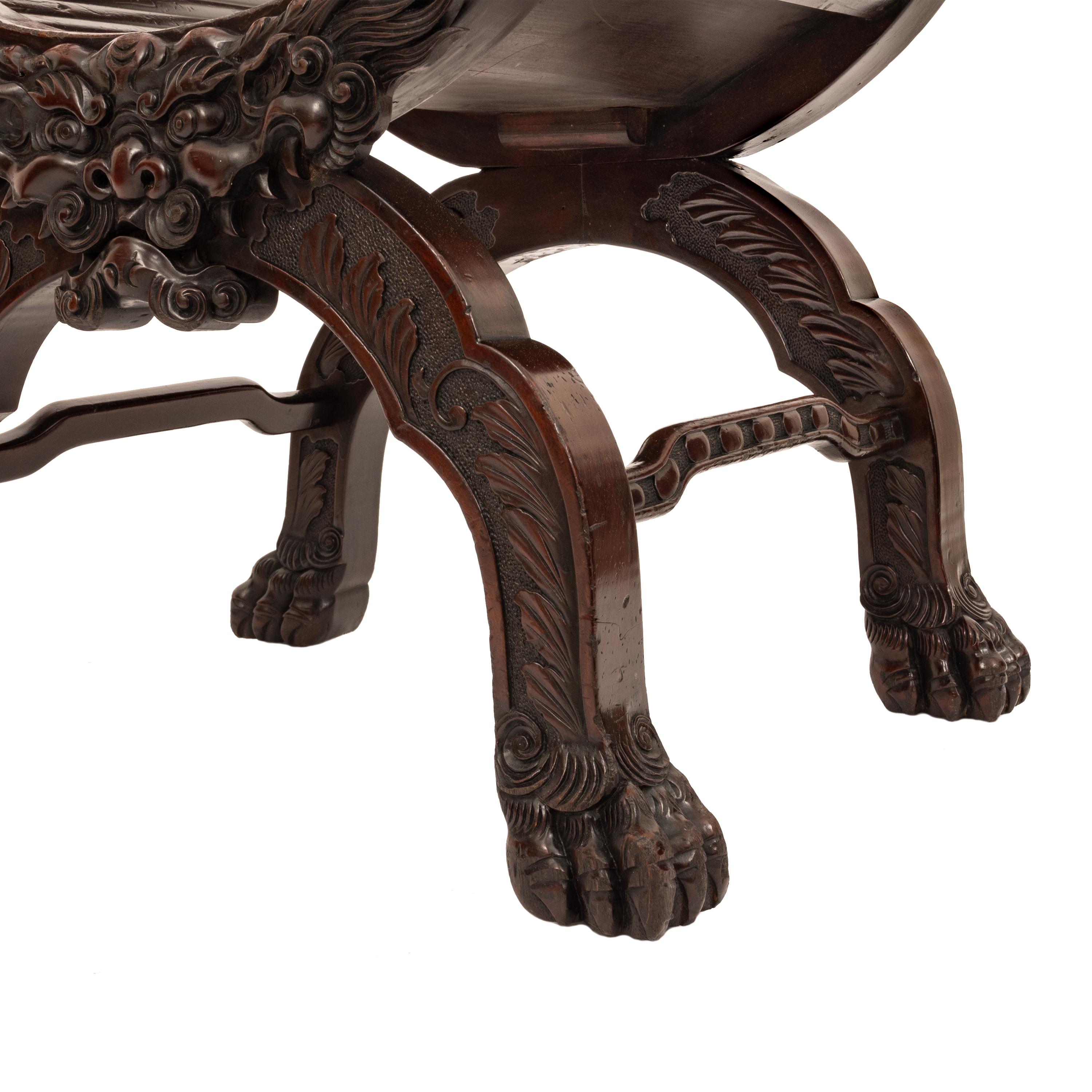 Mahogany Antique American Robert Mitchell Carved Chinoiserie Savonarola Dragon Chair 1900 For Sale