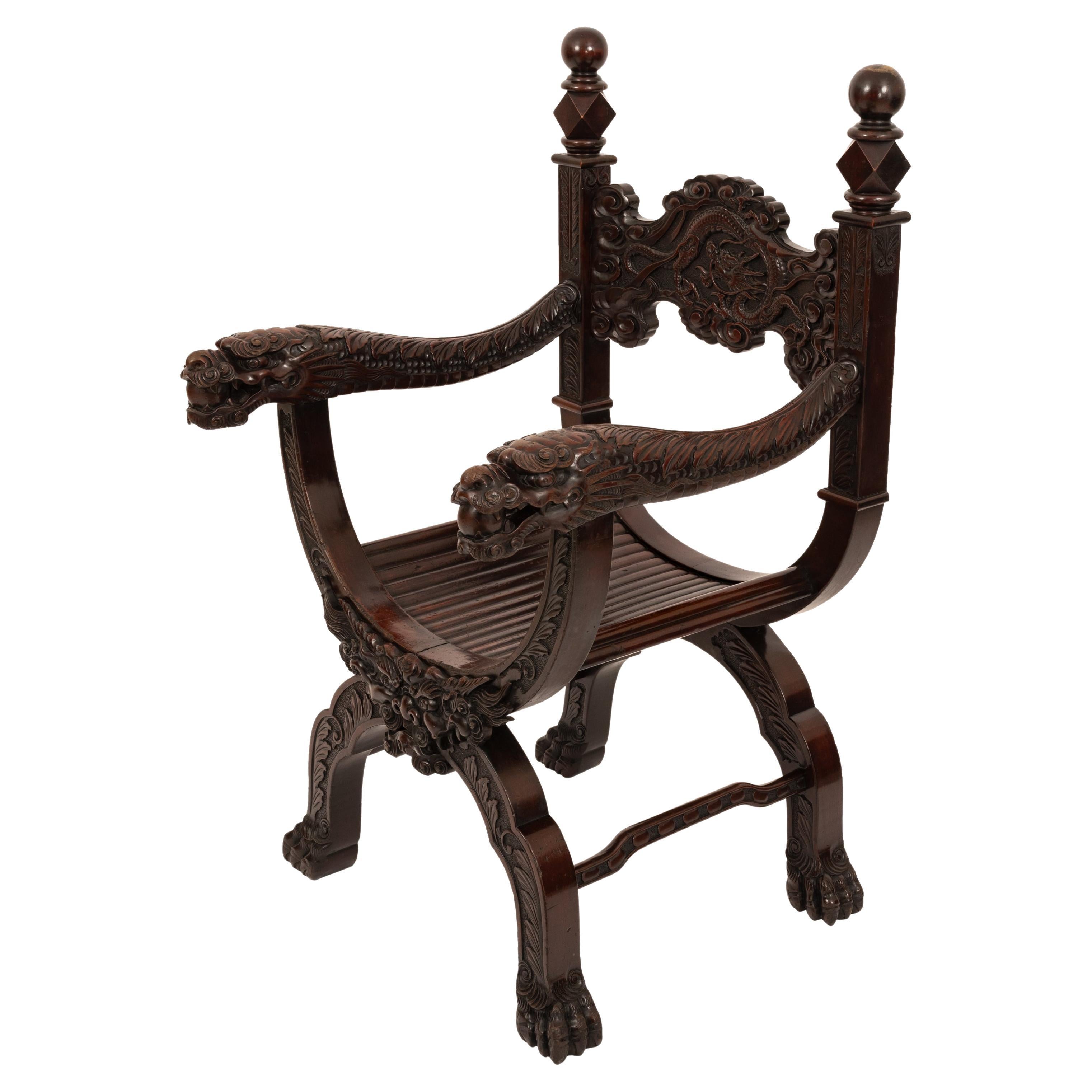Ancienne chaise américaine Robert Mitchell sculptée Chinoiserie Savonarola Dragon 1900