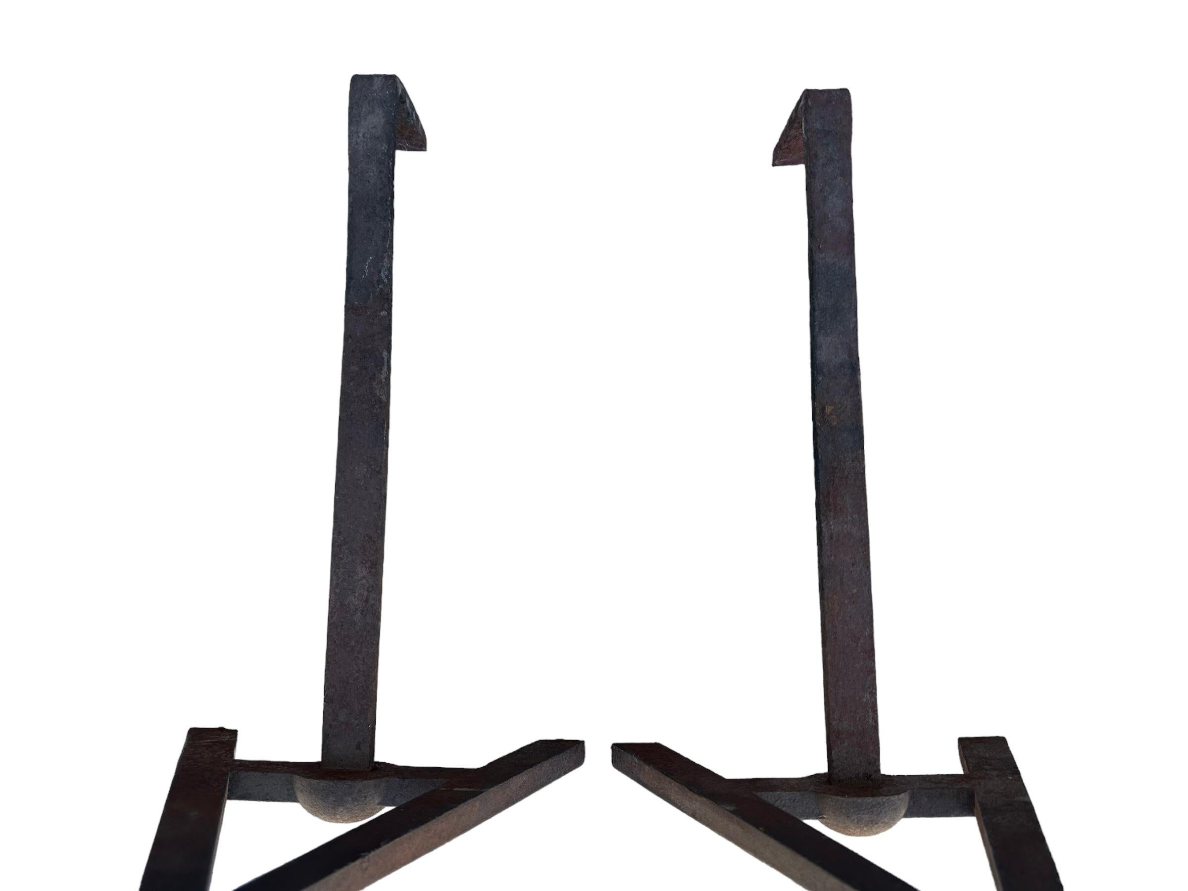 20th Century Antique American Rustic Cast Iron Fireplace Andirons with Fantastic Heavy Patina For Sale