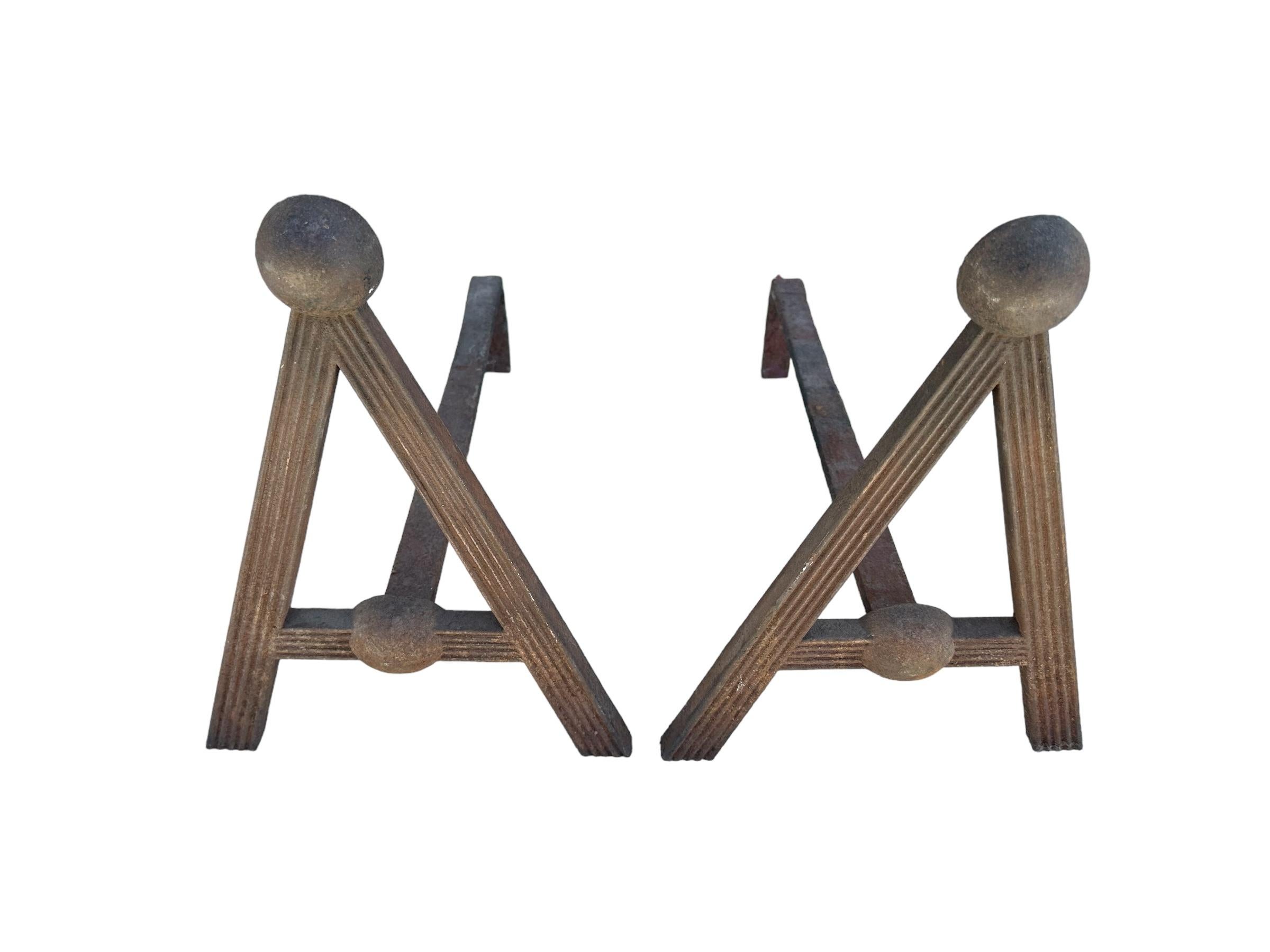 Antique American Rustic Cast Iron Fireplace Andirons with Fantastic Heavy Patina For Sale 1
